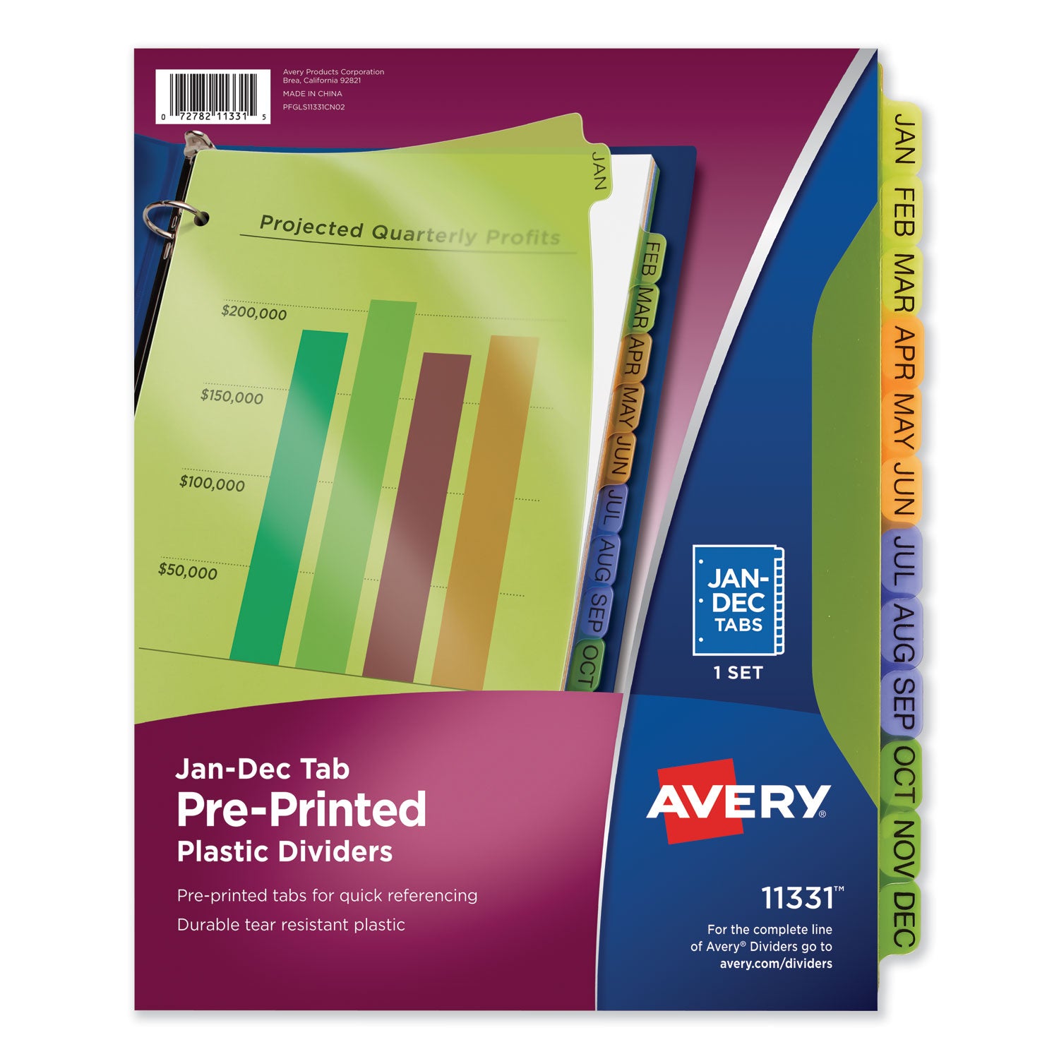Durable Preprinted Plastic Tab Dividers, 12-Tab, Jan. to Dec., 11 x 8.5, Assorted, 1 Set - 