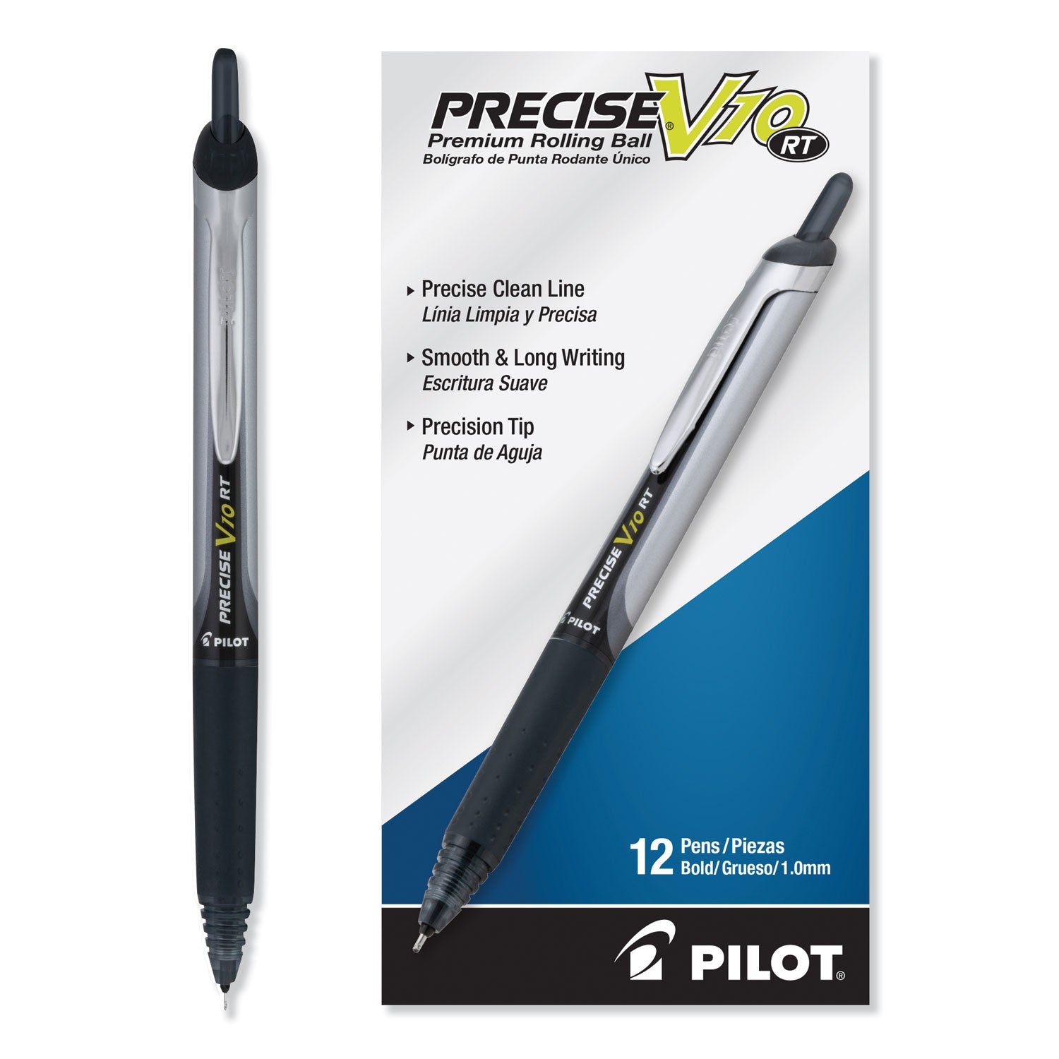 Precise V10RT Roller Ball Pen, Retractable, Bold 1 mm, Black Ink, Black Barrel, Dozen