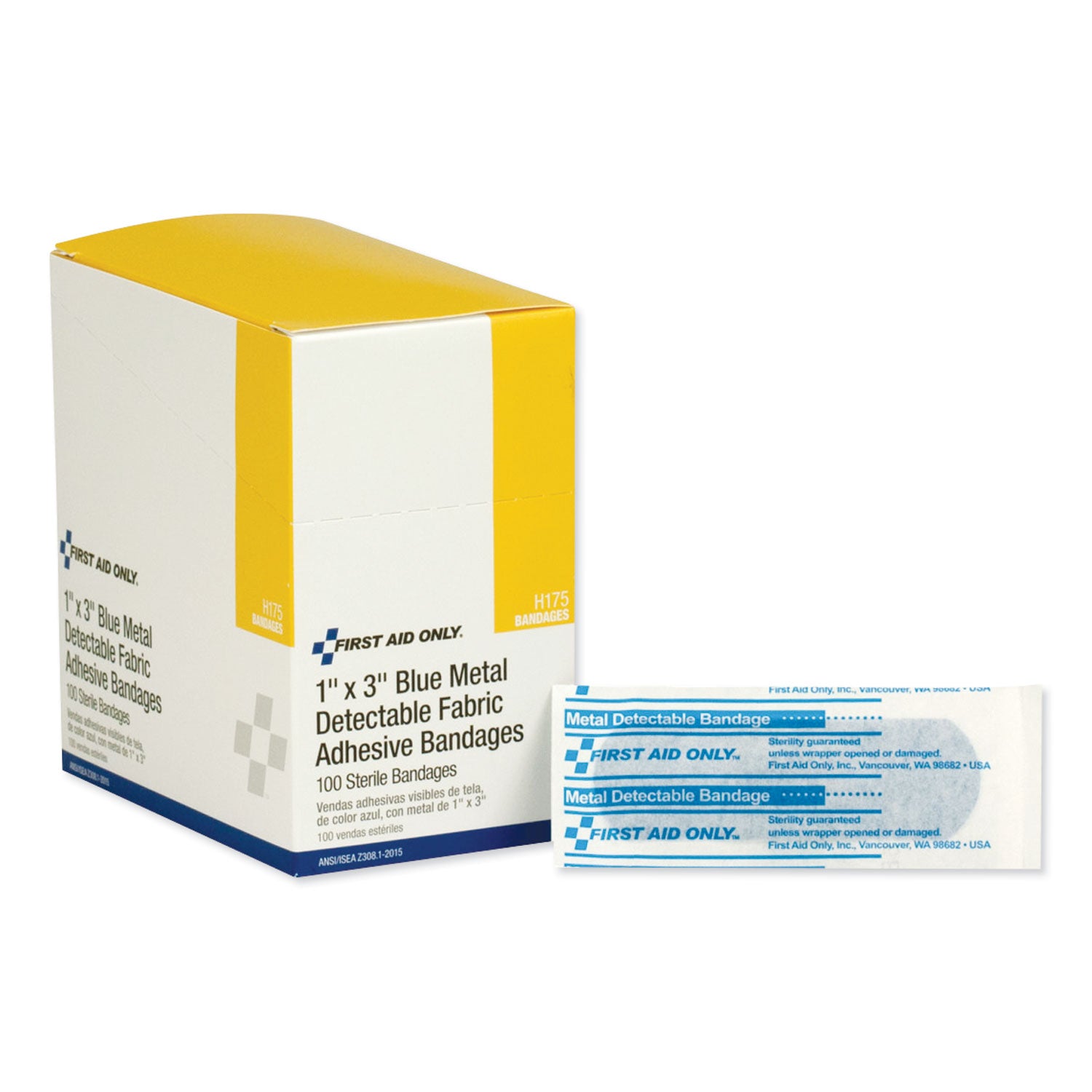 Adhesive Blue Metal Detectable Bandages, 1 x 3, Plastic with Foil, 100/Box, 12 Boxes/Carton