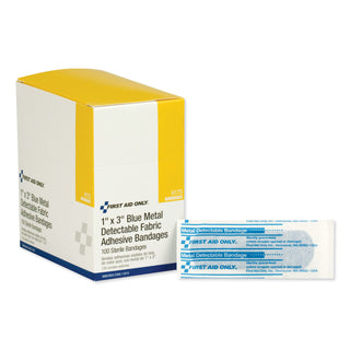 Adhesive Blue Metal Detectable Bandages, 1 x 3, Plastic with Foil, 100/Box, 12 Boxes/Carton