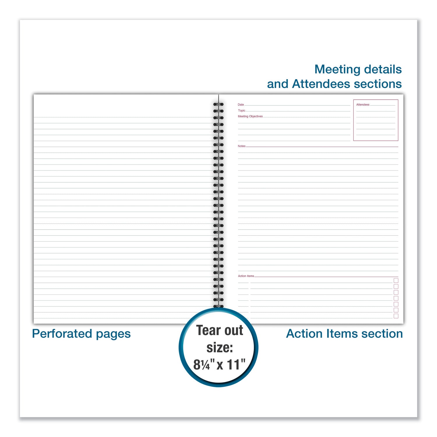 Wirebound Guided Meeting Notes Notebook, 1-Subject, Meeting-Minutes/Notes Format, Dark Gray Cover, (80) 11 x 8.25 Sheets