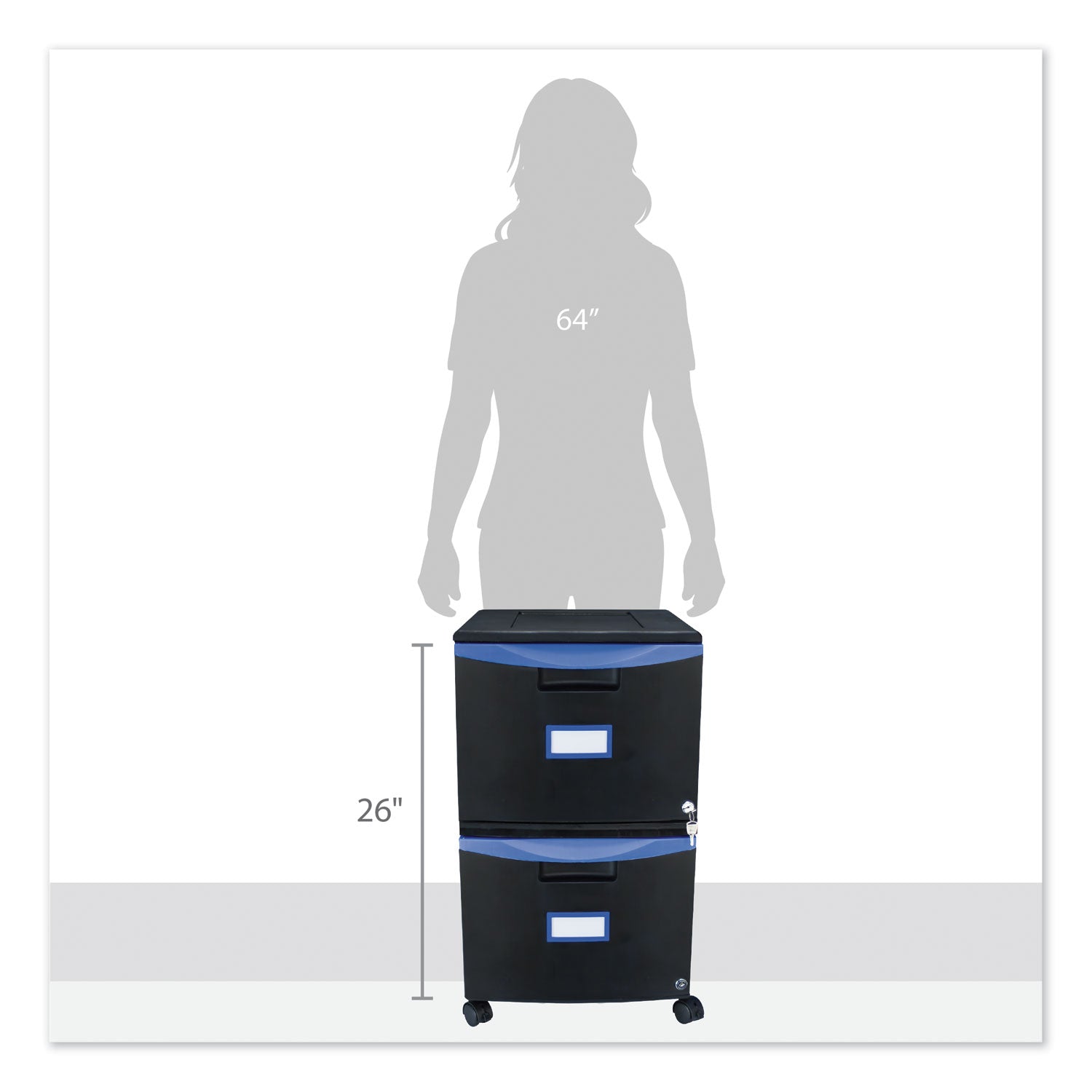Two-Drawer Mobile Filing Cabinet, 2 Legal/Letter-Size File Drawers, Black/Blue, 14.75" x 18.25" x 26