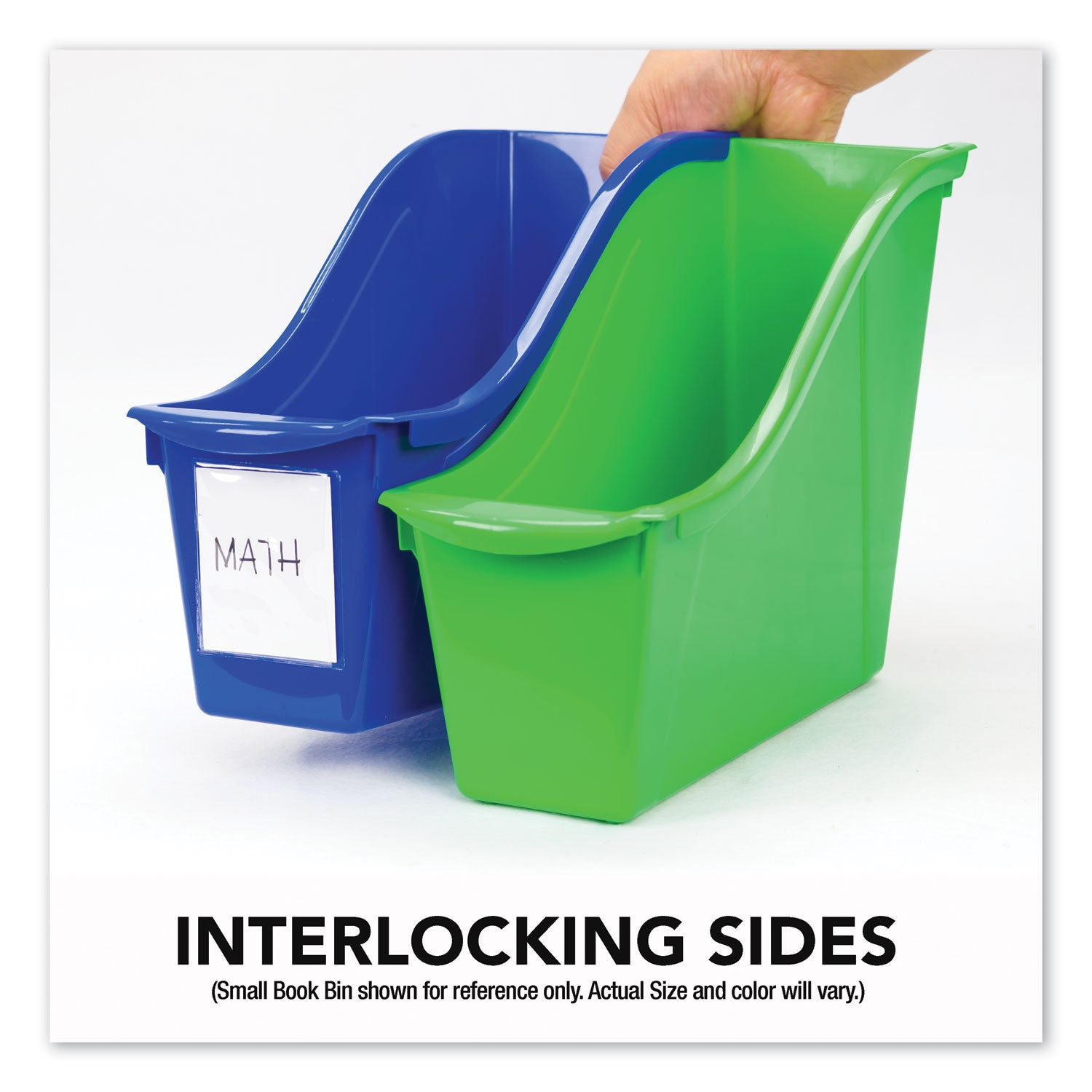 Interlocking Book Bins with Clear Label Pouches, 4.75" x 12.63" x 7", Assorted Colors, 5/Pack - 