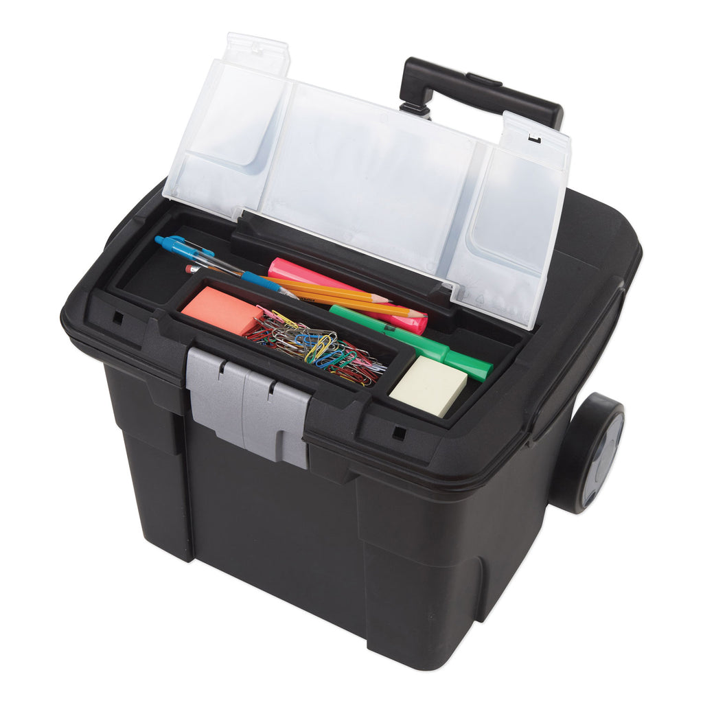 Premium Mobile File Transport Box with Telescoping Handle and Organizer Tray, Letter Files, 15" x 16.38" x 14.25", Black/Gray - 
