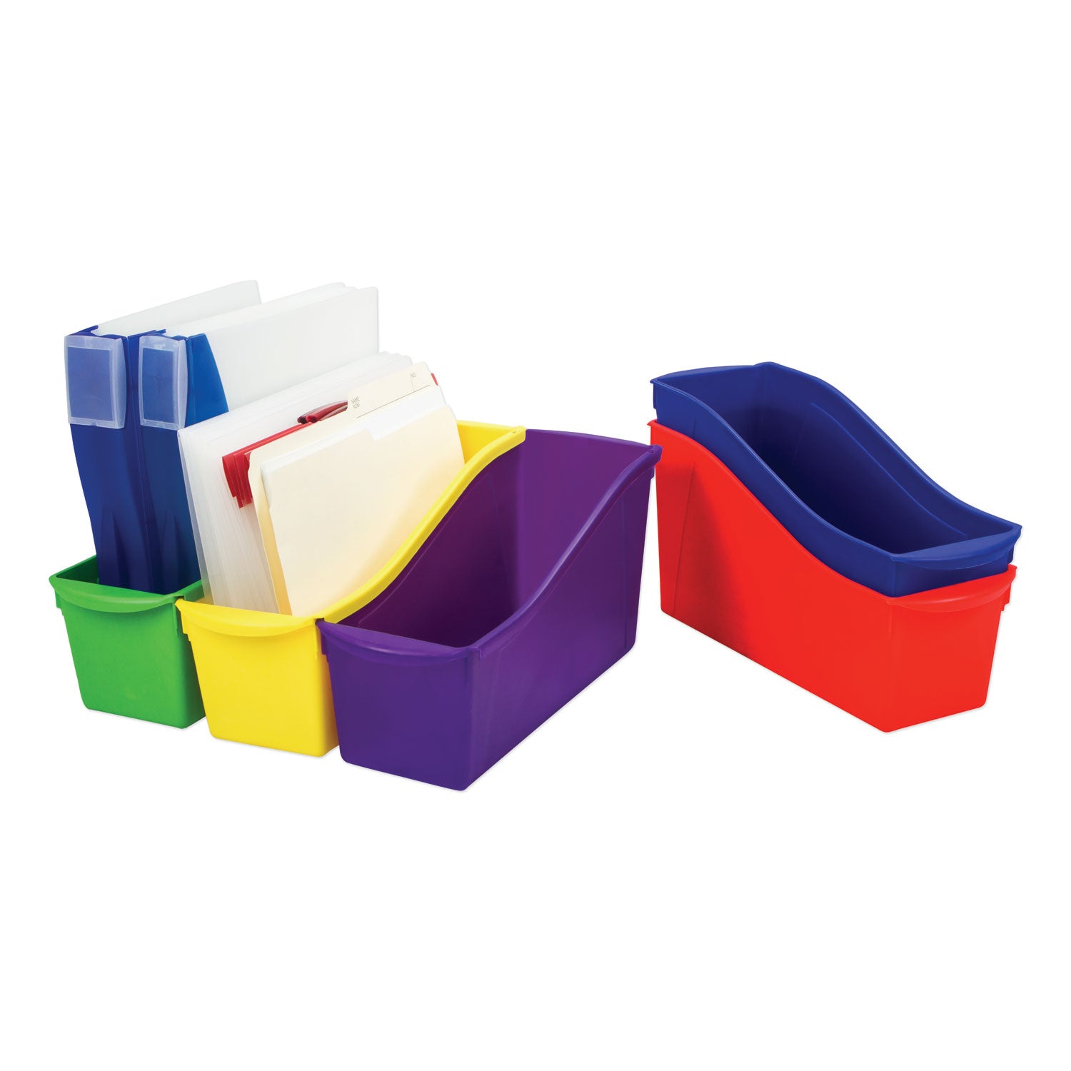 Interlocking Book Bins with Clear Label Pouches, 4.75" x 12.63" x 7", Assorted Colors, 5/Pack - 