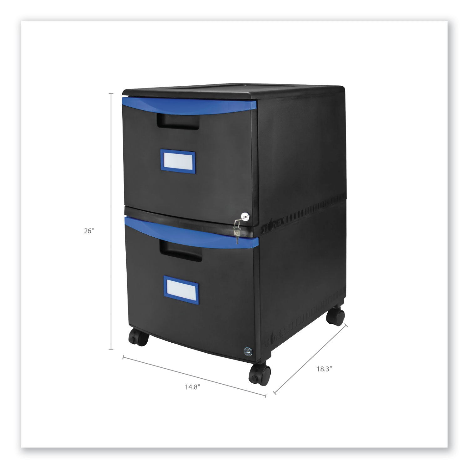 Two-Drawer Mobile Filing Cabinet, 2 Legal/Letter-Size File Drawers, Black/Blue, 14.75" x 18.25" x 26