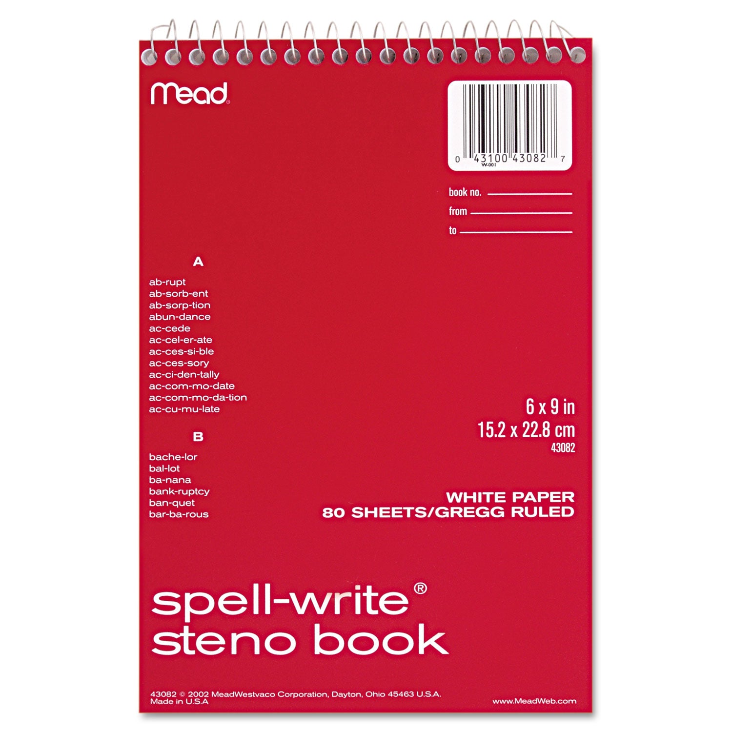 Spell-Write Wirebound Steno Pad, Gregg Rule, Randomly Assorted Cover Colors, 80 White 6 x 9 Sheets - 