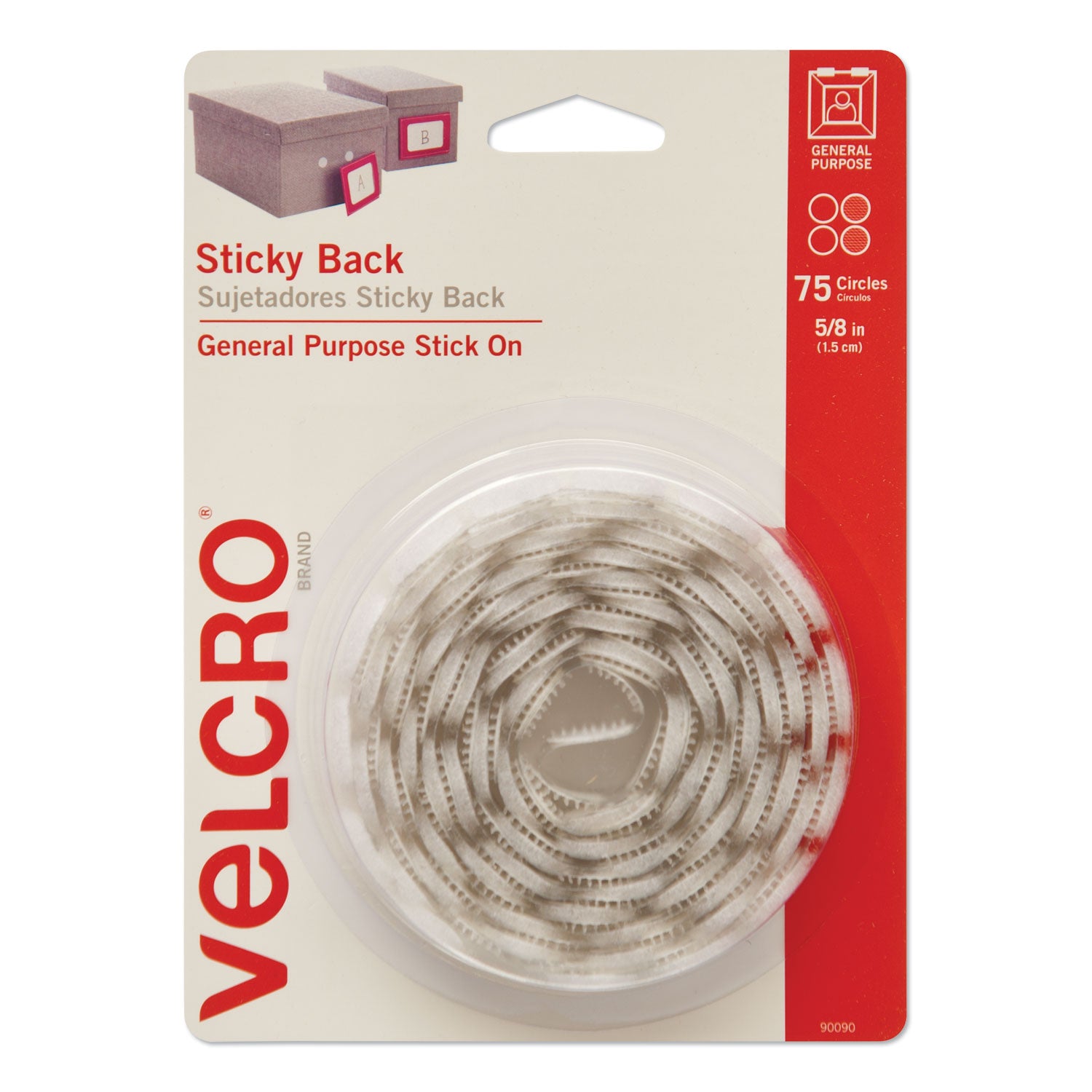 Sticky-Back Fasteners, Removable Adhesive, 0.63" dia, White, 75/Pack - 