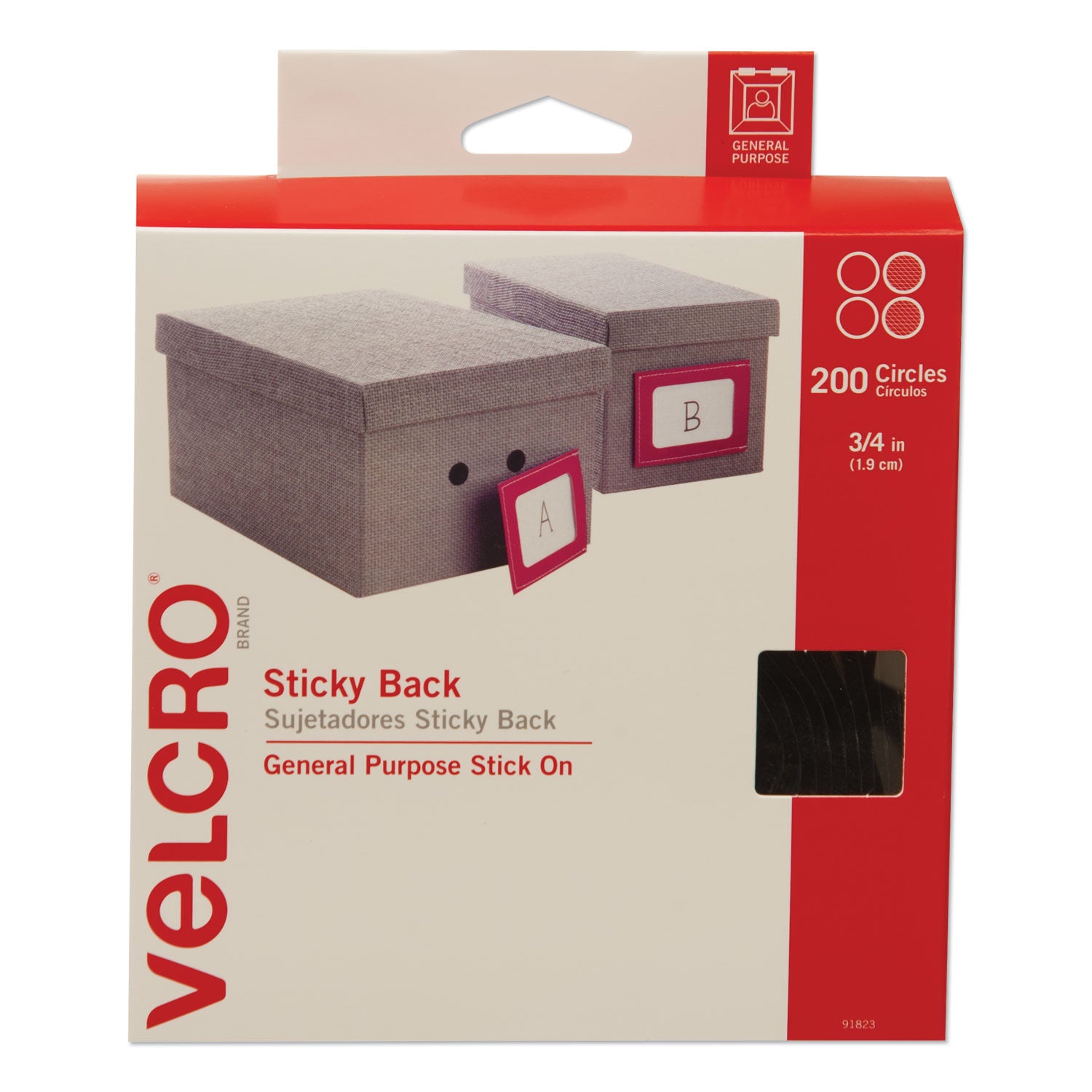 Sticky-Back Fasteners, Removable Adhesive, 0.75" dia, Black, 200/Box - 