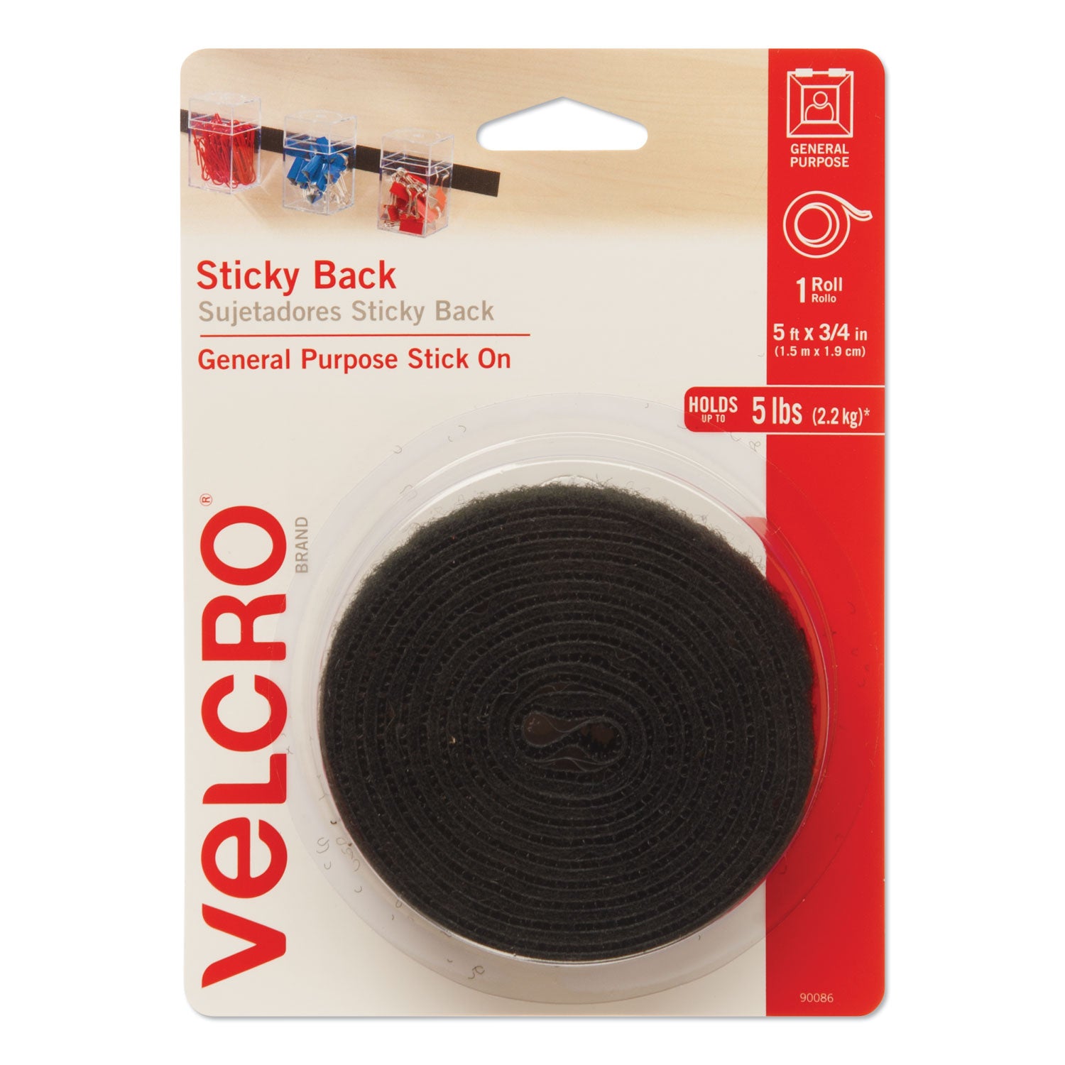 Sticky-Back Fasteners with Dispenser, Removable Adhesive, 0.75" x 5 ft, Black - 