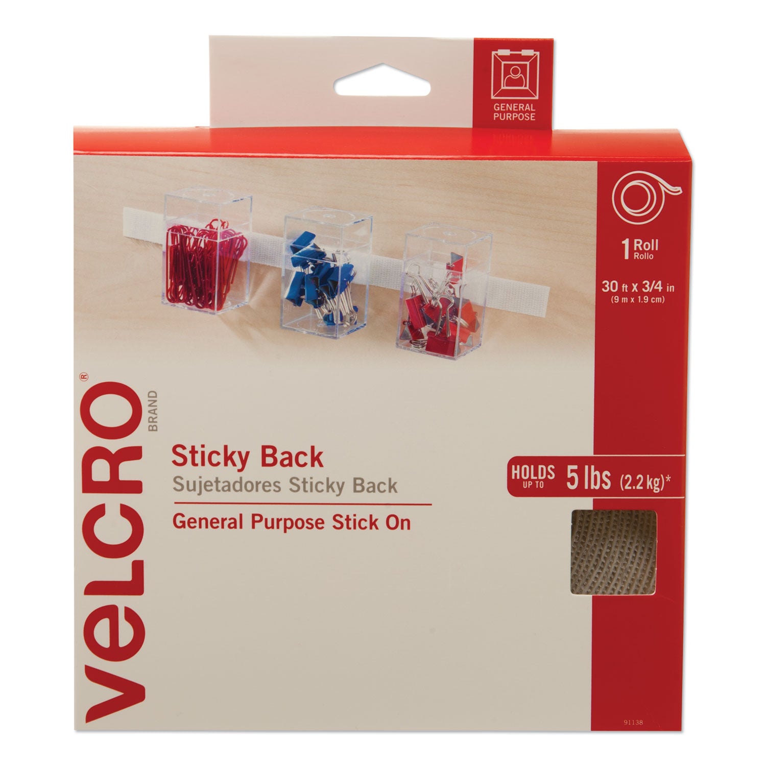 Sticky-Back Fasteners, Removable Adhesive, 0.75" x 30 ft, White - 