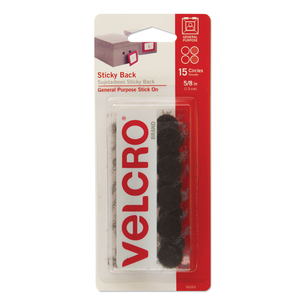 Sticky-Back Fasteners, Removable Adhesive, 0.63" dia, Black, 15/Pack - 