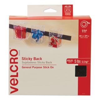 Sticky-Back Fasteners, Removable Adhesive, 0.75" x 30 ft, Black - 