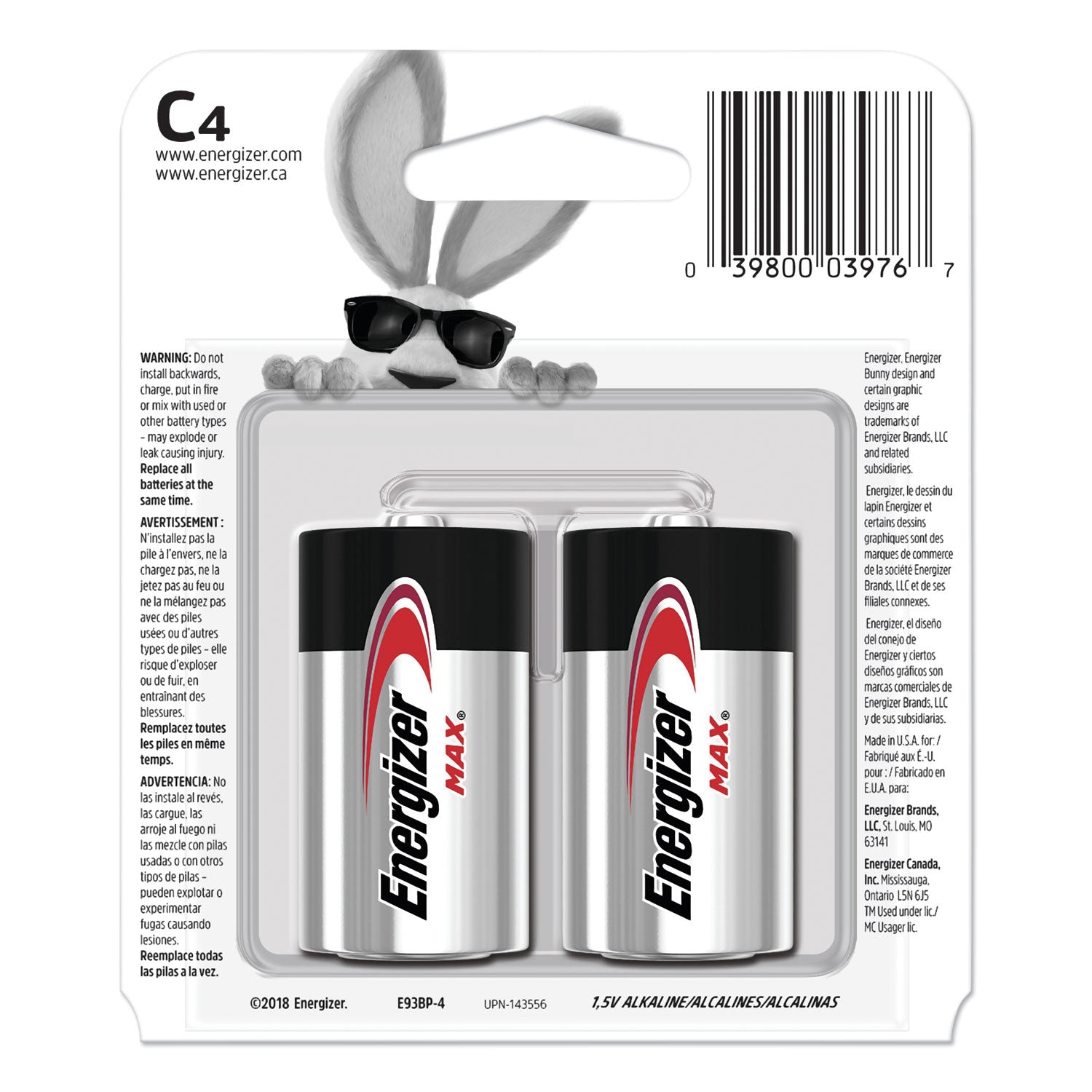 MAX Alkaline C Batteries, 1.5 V, 4/Pack - 