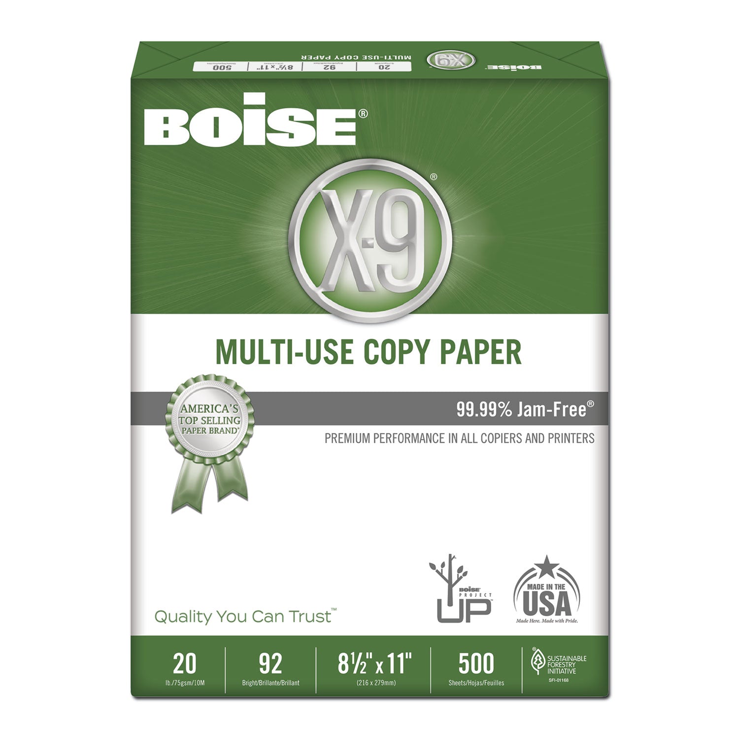 X-9 Multi-Use Copy Paper, 92 Bright, 20 lb Bond Weight, 8.5 x 11, White, 500 Sheets/Ream, 5 Reams/Carton - 