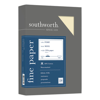 100% Cotton Business Paper, 32 lb Bond Weight, 8.5 x 11, Ivory, 250/Pack - 