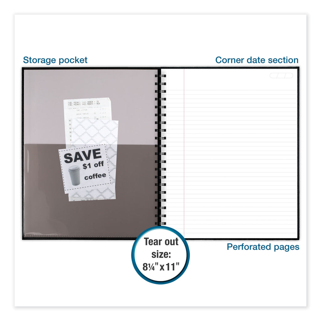 Hardbound Notebook with Pocket, 1-Subject, Wide/Legal Rule, Black Cover, (96) 11 x 8.5 Sheets