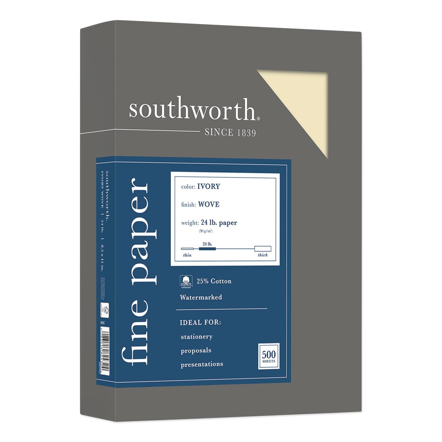 25% Cotton Business Paper, 95 Bright, 24 lb Bond Weight, 8.5 x 11, Ivory, 500 Sheets/Ream