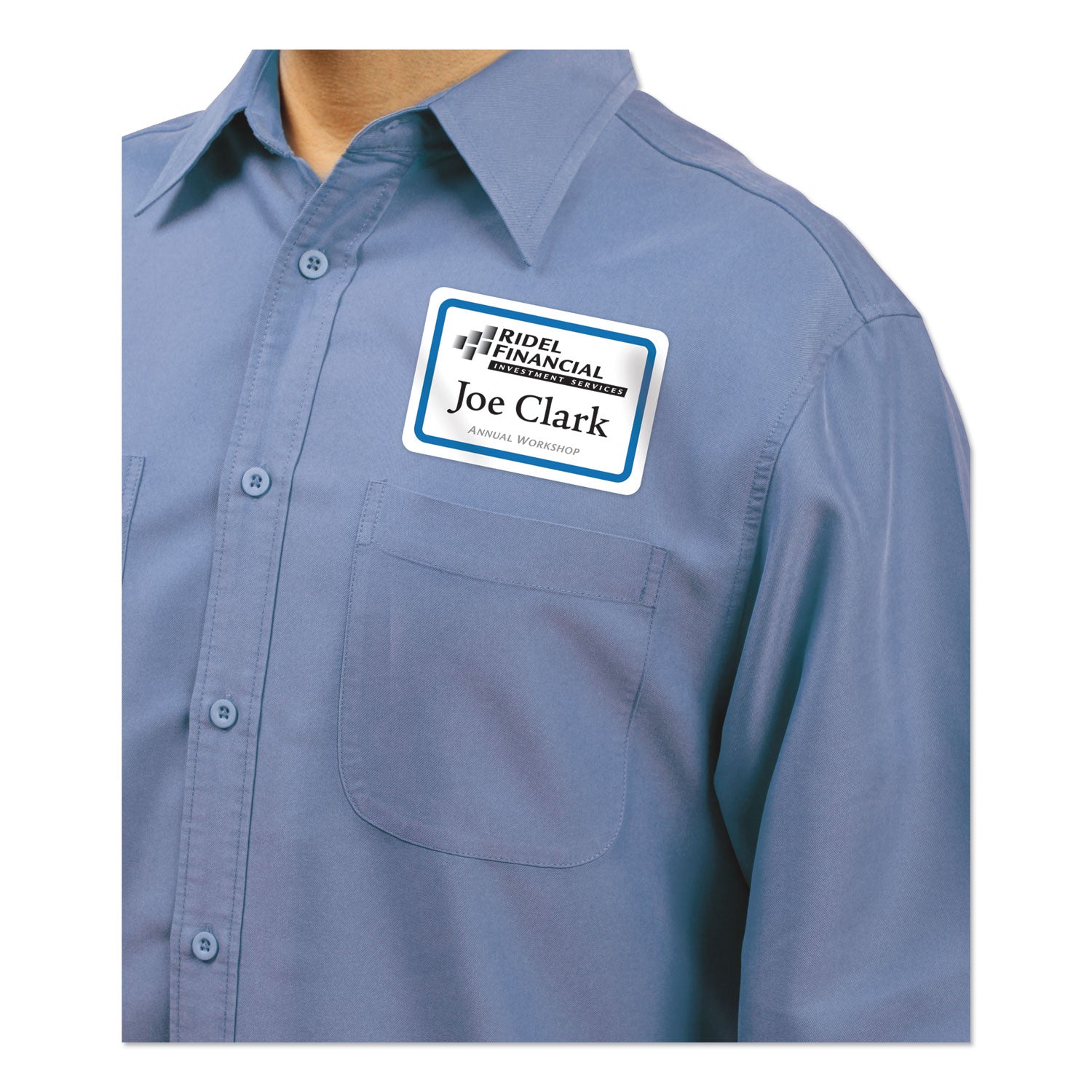 Flexible Adhesive Name Badge Labels, 3.38 x 2.33, White/Blue Border, 40/Pack