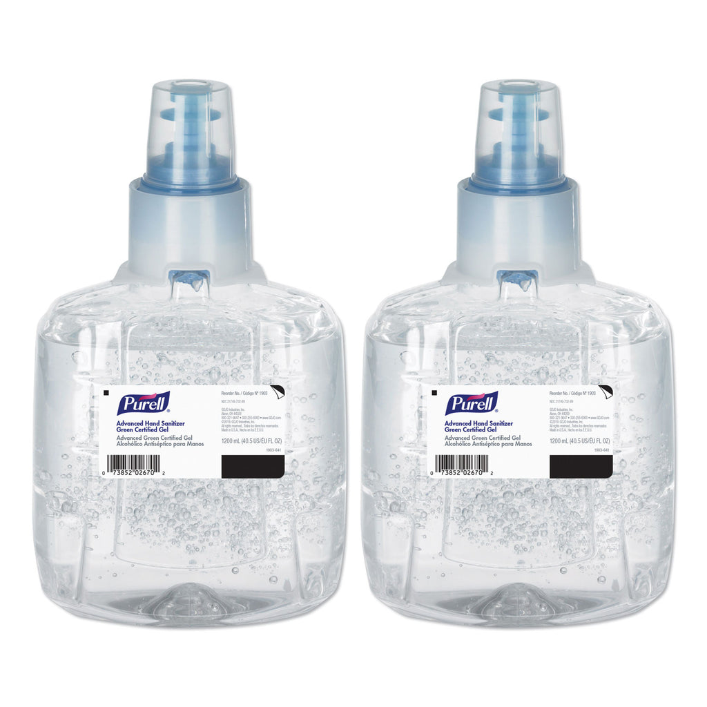 Advanced Hand Sanitizer Green Certified Gel Refill, For LTX-12 Dispensers, 1,200 mL, Fragrance-Free, 2/Carton