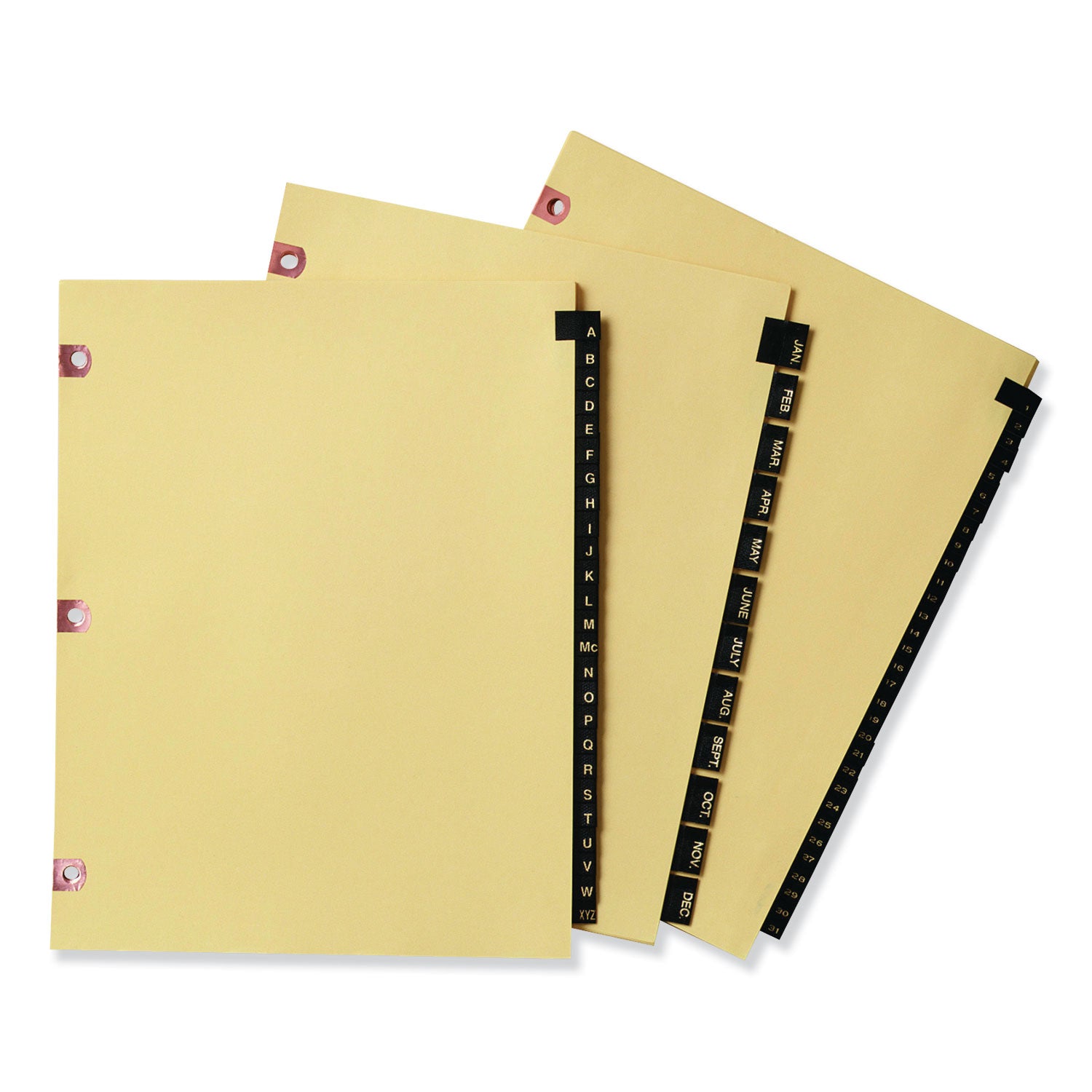 Preprinted Black Leather Tab Dividers w/Copper Reinforced Holes, 25-Tab, A to Z, 11 x 8.5, Buff, 1 Set - 