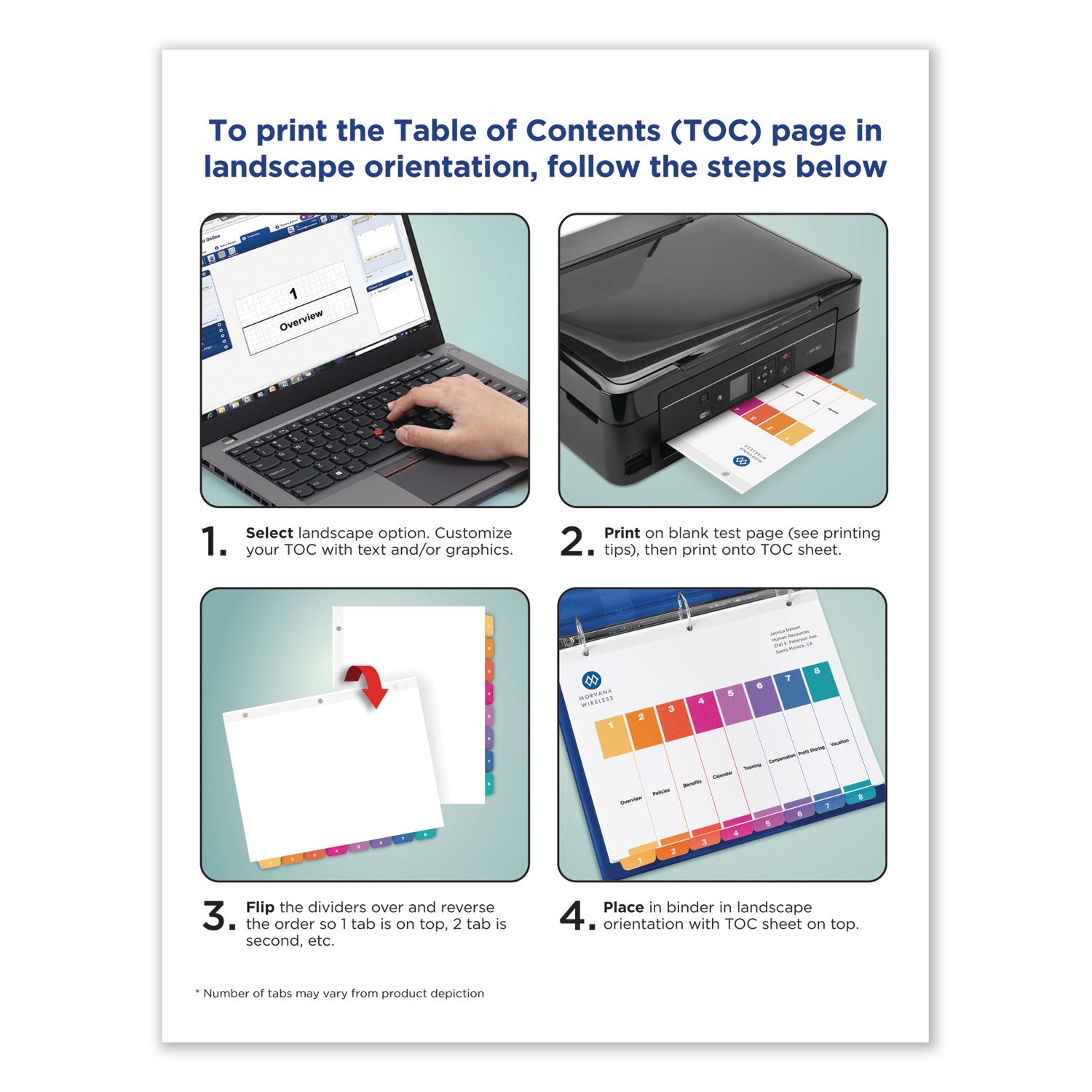 Customizable TOC Ready Index Multicolor Tab Dividers, Uncollated, 8-Tab, 1 to 8, 11 x 8.5, White, 24 Sets - 