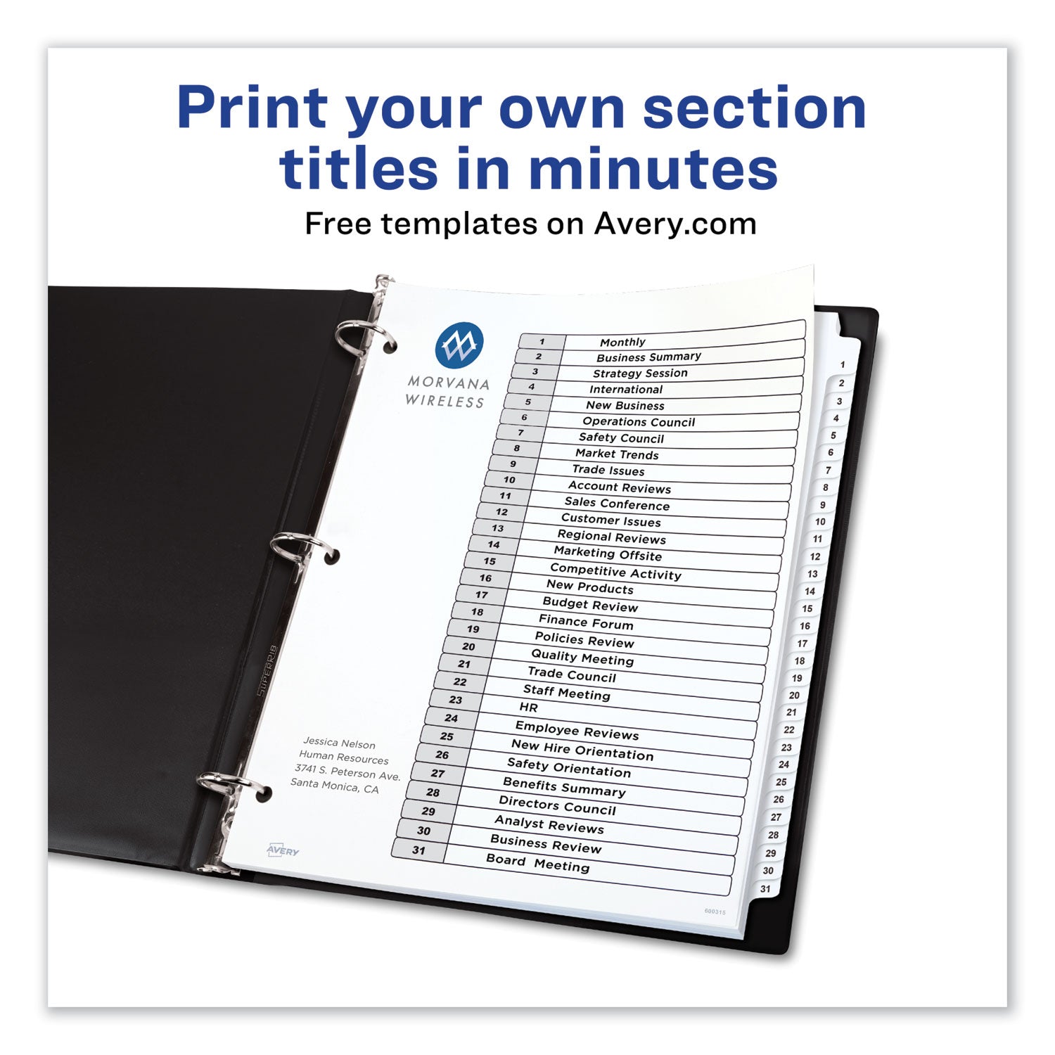 Customizable TOC Ready Index Black and White Dividers, 31-Tab, 1 to 31, 11 x 8.5, 1 Set - 