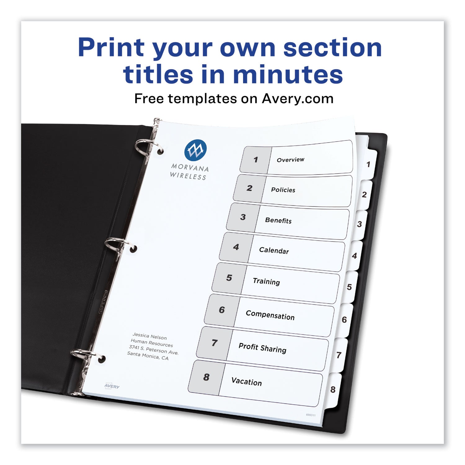 Customizable TOC Ready Index Black and White Dividers, 8-Tab, 1 to 8, 11 x 8.5, 1 Set - 