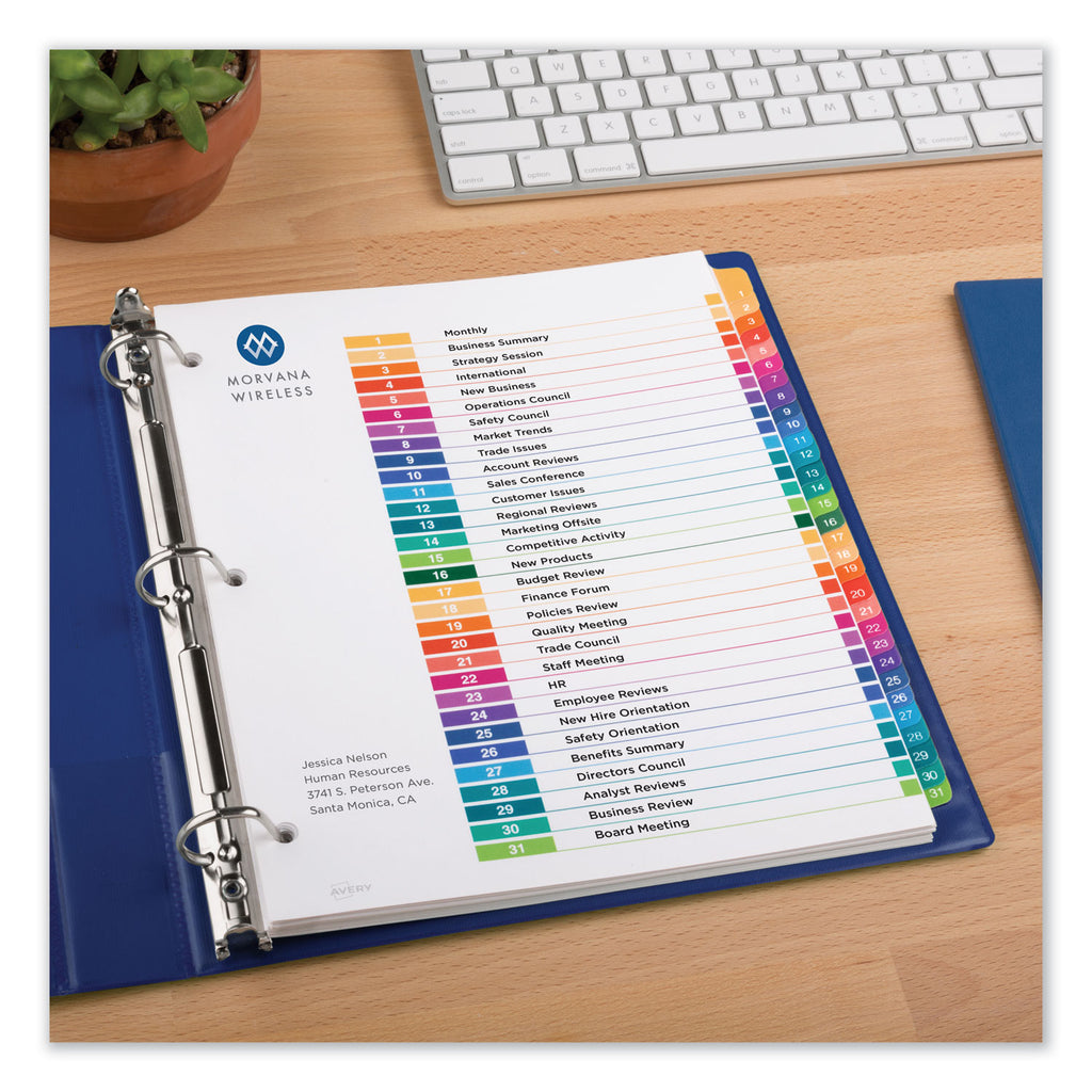 Customizable Table of Contents Ready Index Dividers with Multicolor Tabs, 31-Tab, 1 to 31, 11 x 8.5, White, 1 Set - 