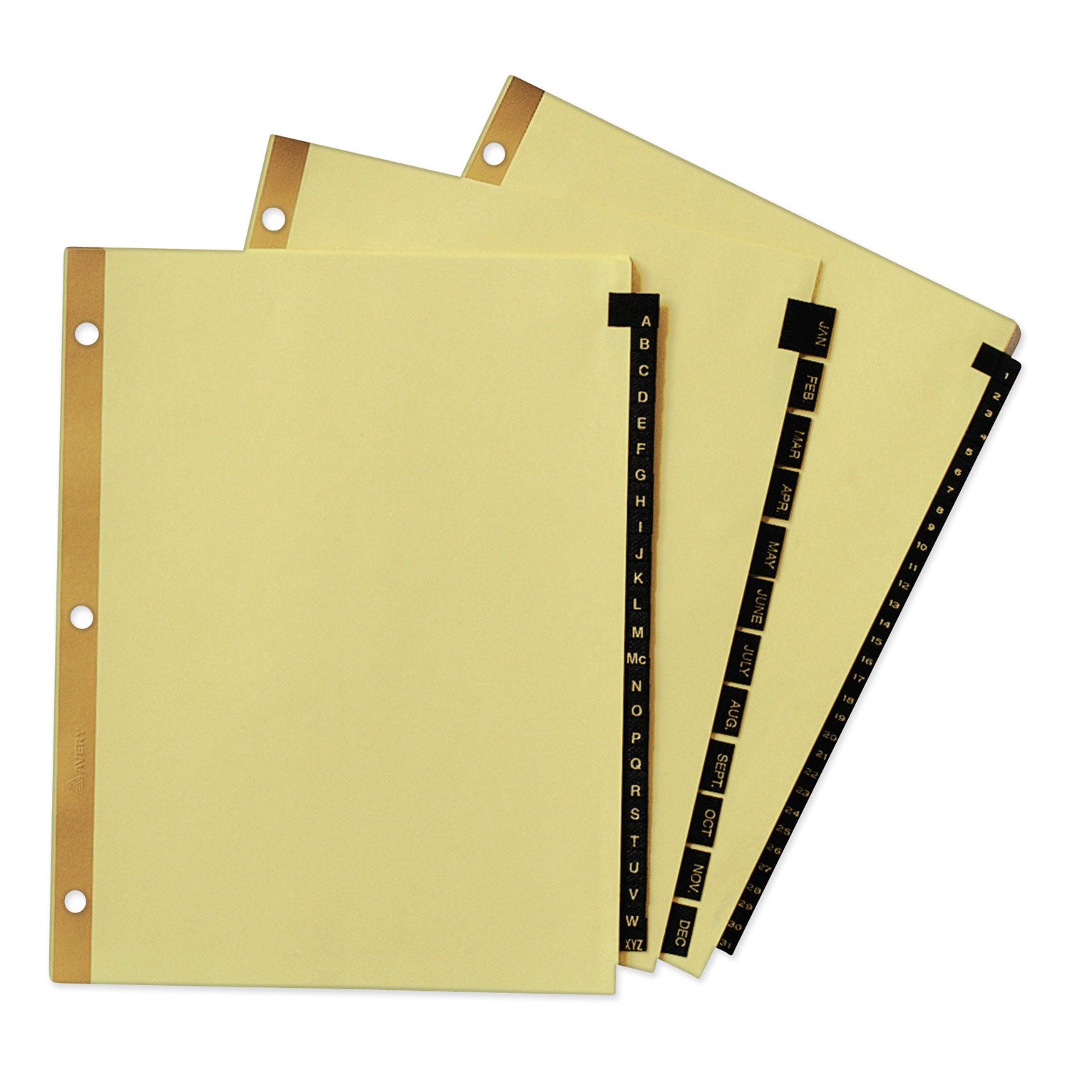 Preprinted Black Leather Tab Dividers w/Gold Reinforced Edge, 12-Tab, Jan. to Dec., 11 x 8.5, Buff, 1 Set - 