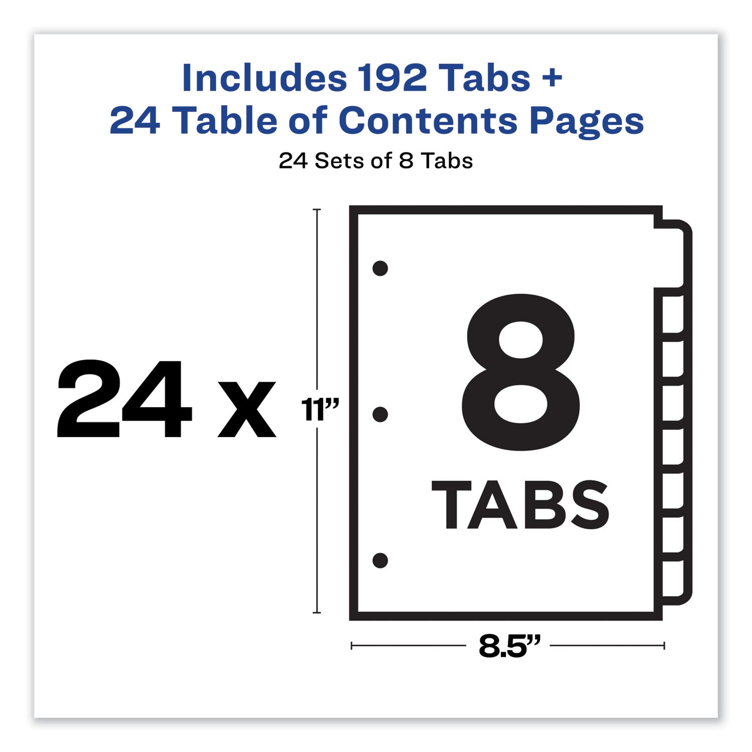 Customizable TOC Ready Index Multicolor Tab Dividers, Uncollated, 8-Tab, 1 to 8, 11 x 8.5, White, 24 Sets - 