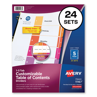 Customizable TOC Ready Index Multicolor Tab Dividers, Uncollated, 5-Tab, 1 to 5, 11 x 8.5, White, 24 Sets - 