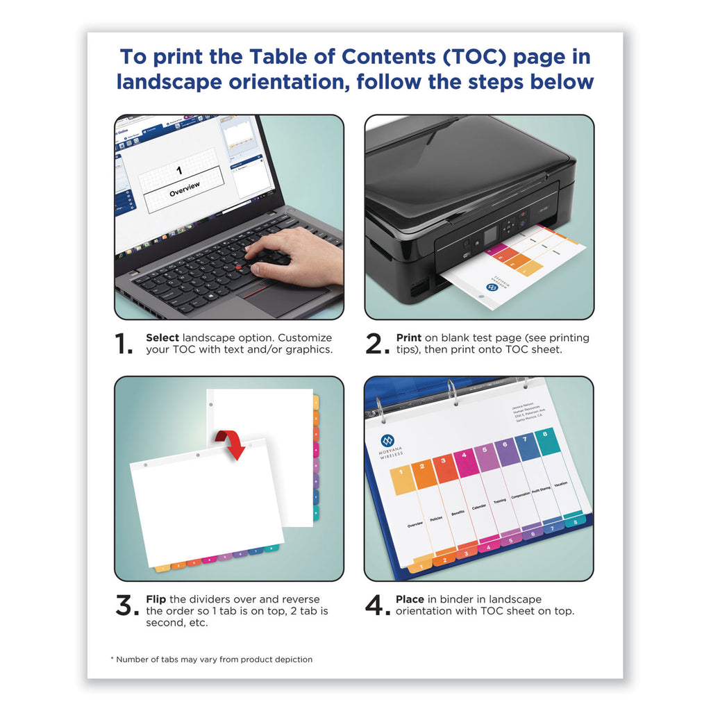 Customizable Table of Contents Ready Index Dividers with Multicolor Tabs, 31-Tab, 1 to 31, 11 x 8.5, White, 1 Set - 