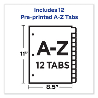 Durable Preprinted Plastic Tab Dividers, 12-Tab, A to Z, 11 x 8.5, Assorted, 1 Set