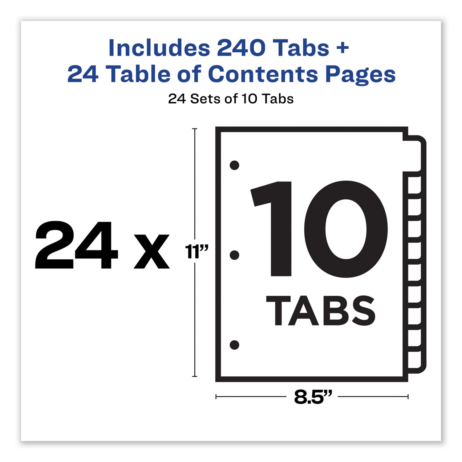 Customizable TOC Ready Index Multicolor Tab Dividers, Uncollated, 10-Tab, 1 to 10, 11 x 8.5, White, 24 Sets - 