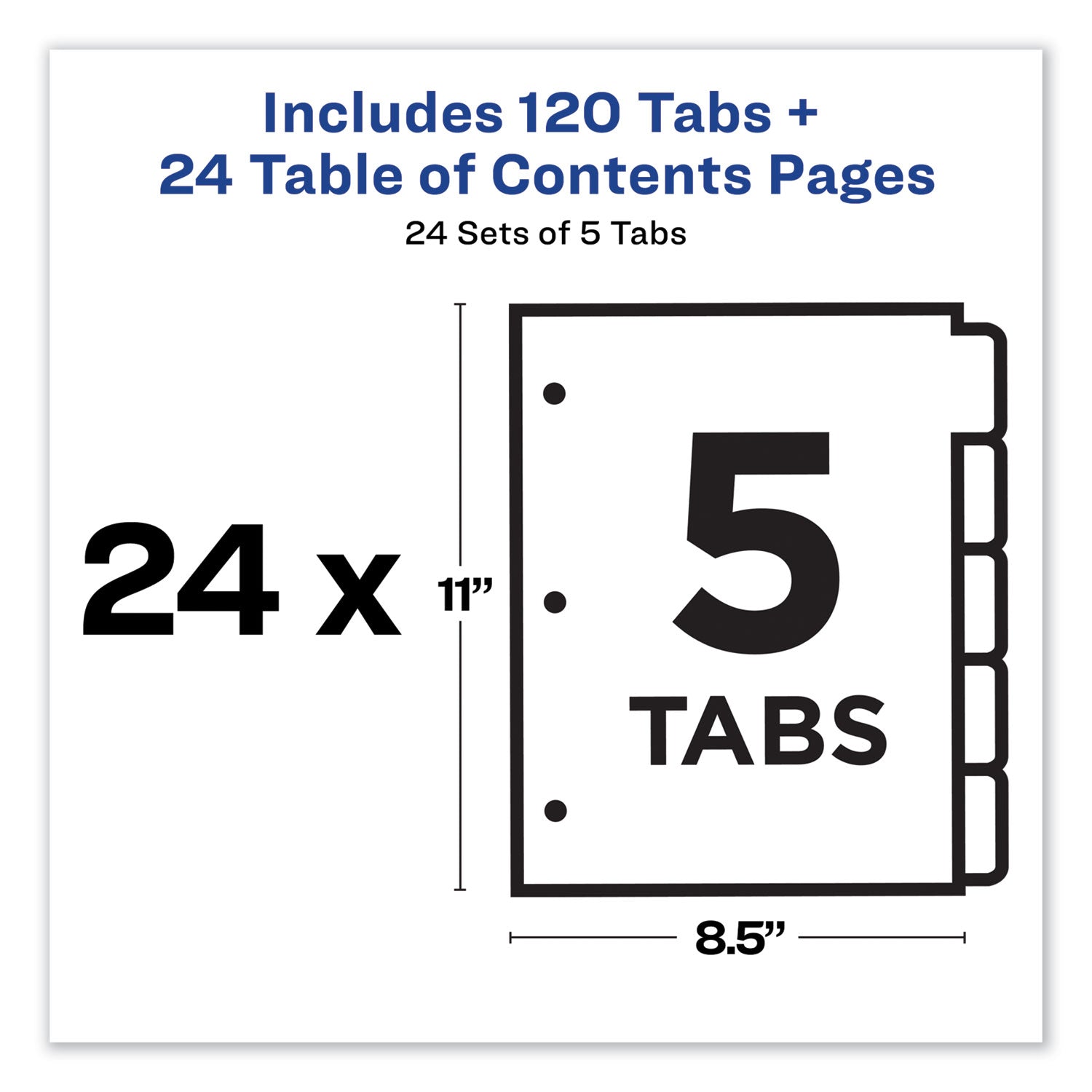 Customizable TOC Ready Index Multicolor Tab Dividers, Uncollated, 5-Tab, 1 to 5, 11 x 8.5, White, 24 Sets - 