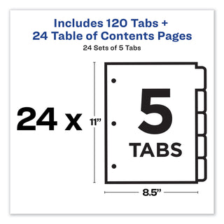 Customizable TOC Ready Index Multicolor Tab Dividers, Uncollated, 5-Tab, 1 to 5, 11 x 8.5, White, 24 Sets - 