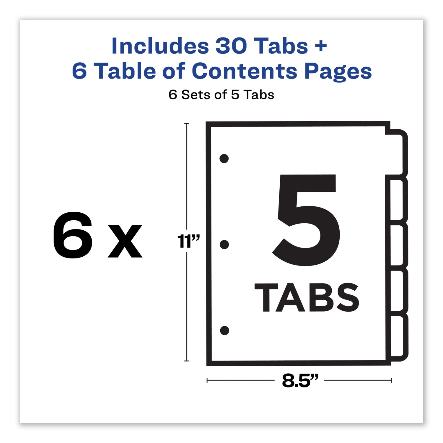 Customizable TOC Ready Index Multicolor Tab Dividers, 5-Tab, 1 to 5, 11 x 8.5, White, Traditional Color Tabs, 6 Sets - 