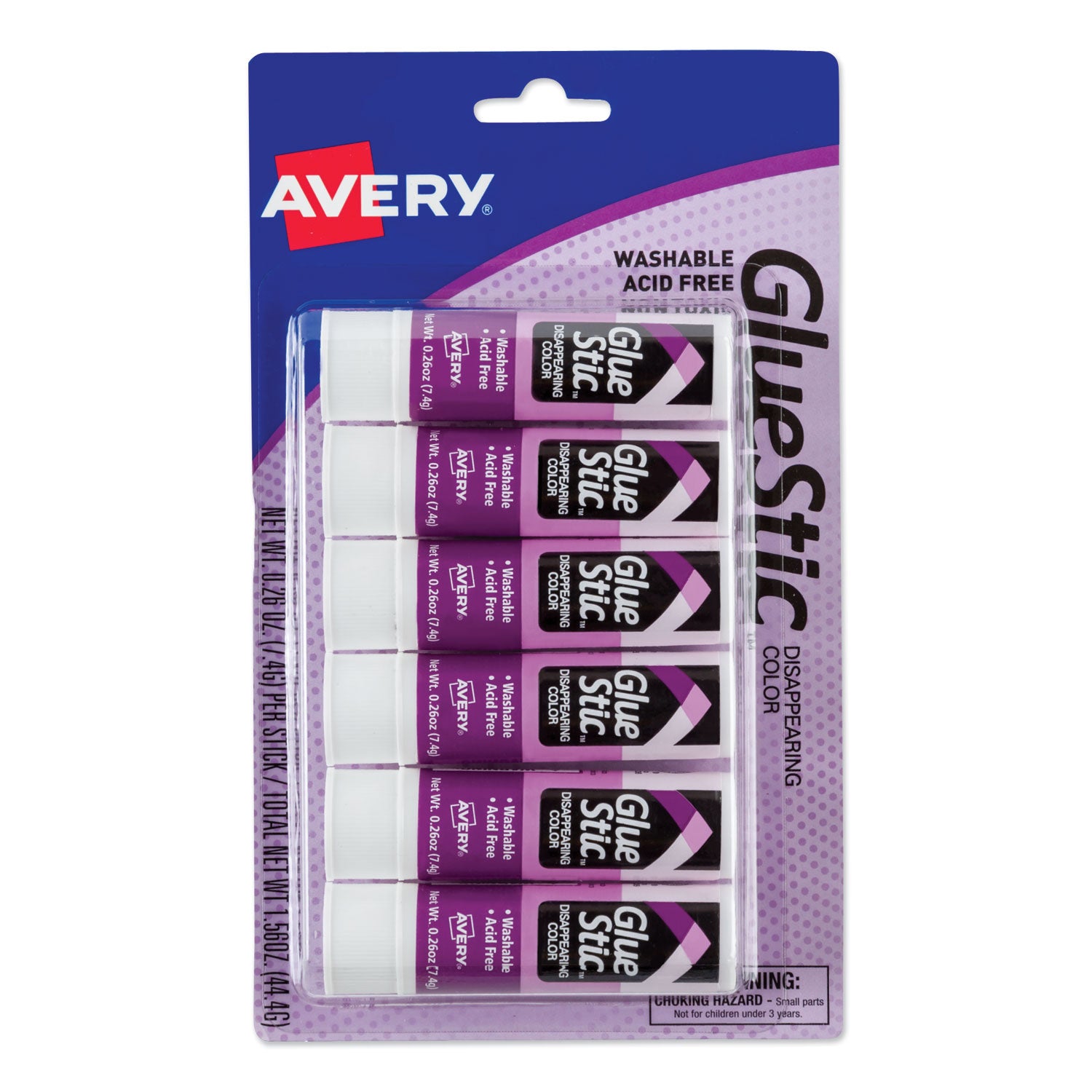 Permanent Glue Stic Value Pack, 0.26 oz, Applies Purple, Dries Clear, 6/Pack - 