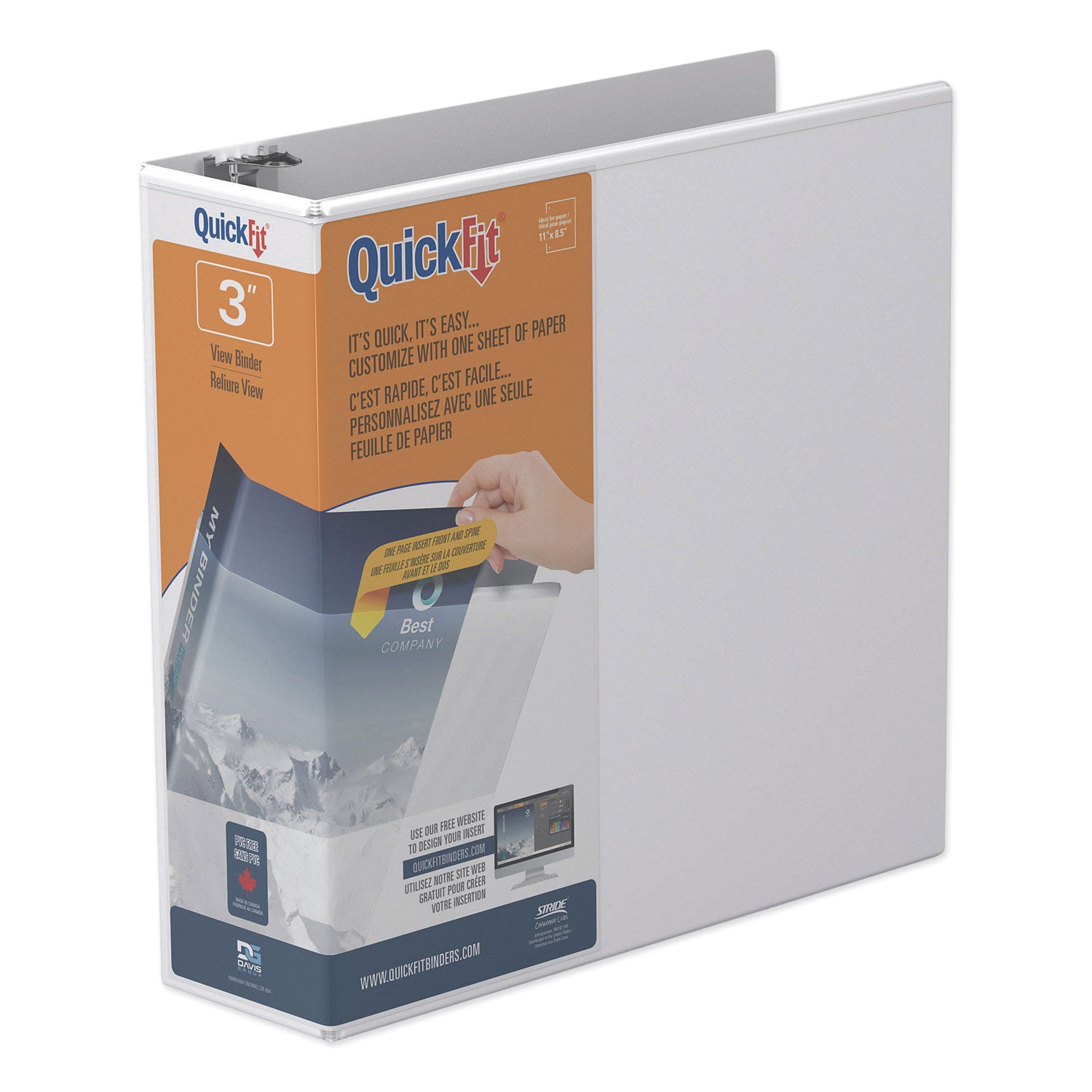 Stride - Quick Fit D-Ring View Binder, 3-inch Capacity, White, Sold as 1 EA
