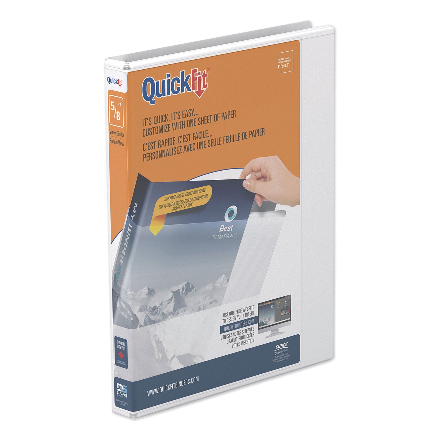 QuickFit D-Ring View Binder, 3 Rings, 0.63" Capacity, 11 x 8.5, White - 
