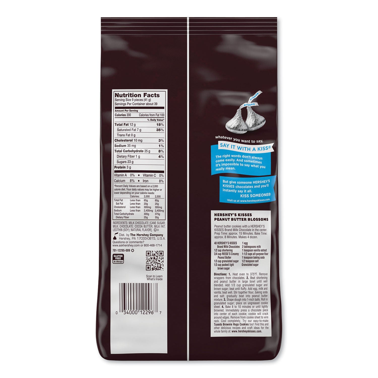 KISSES, Milk Chocolate, Silver Wrappers, 56 oz Bag