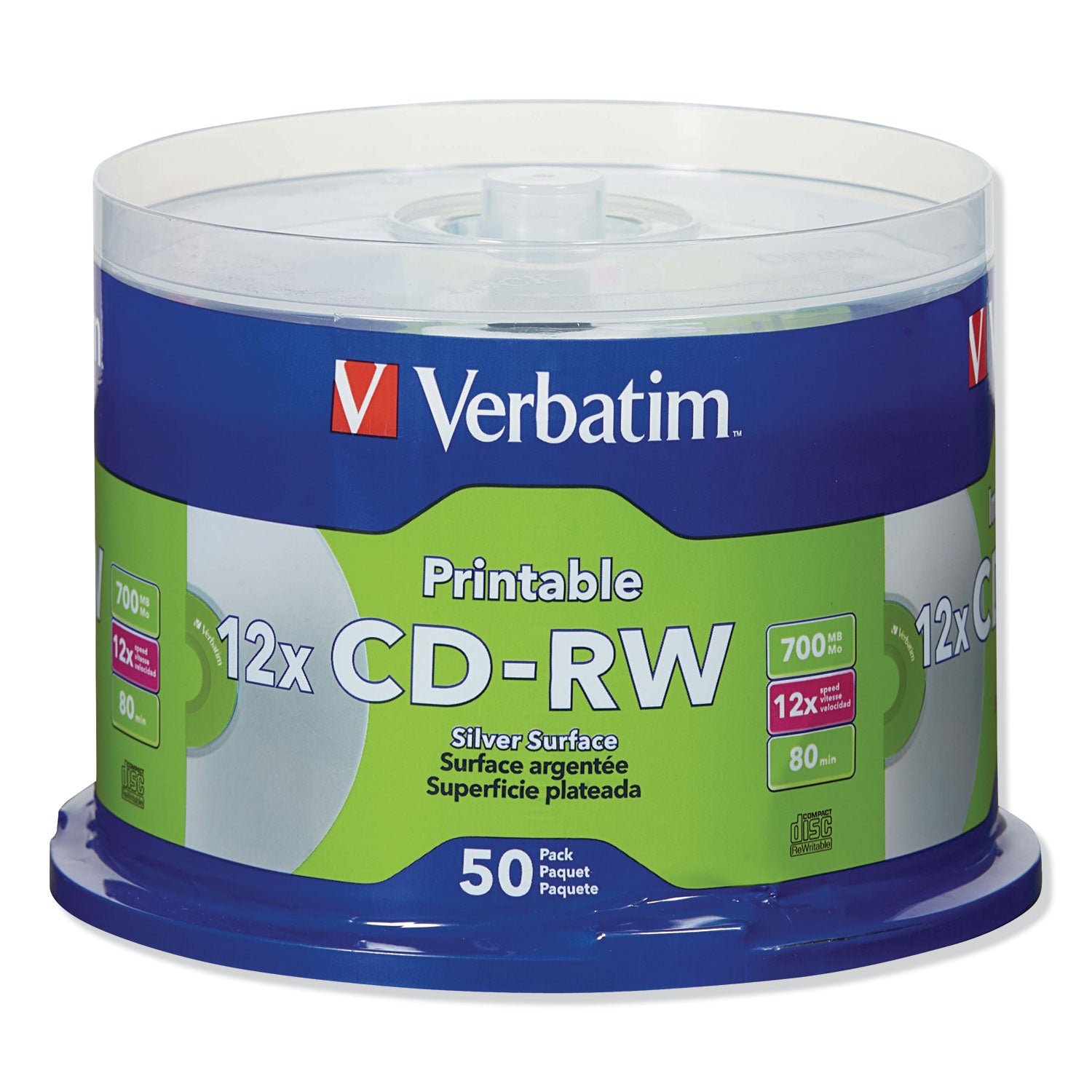 CD-RW DataLifePlus Printable Rewritable Disc, 700 MB/80 min, 12x, Spindle, Silver, 50/Pack - 