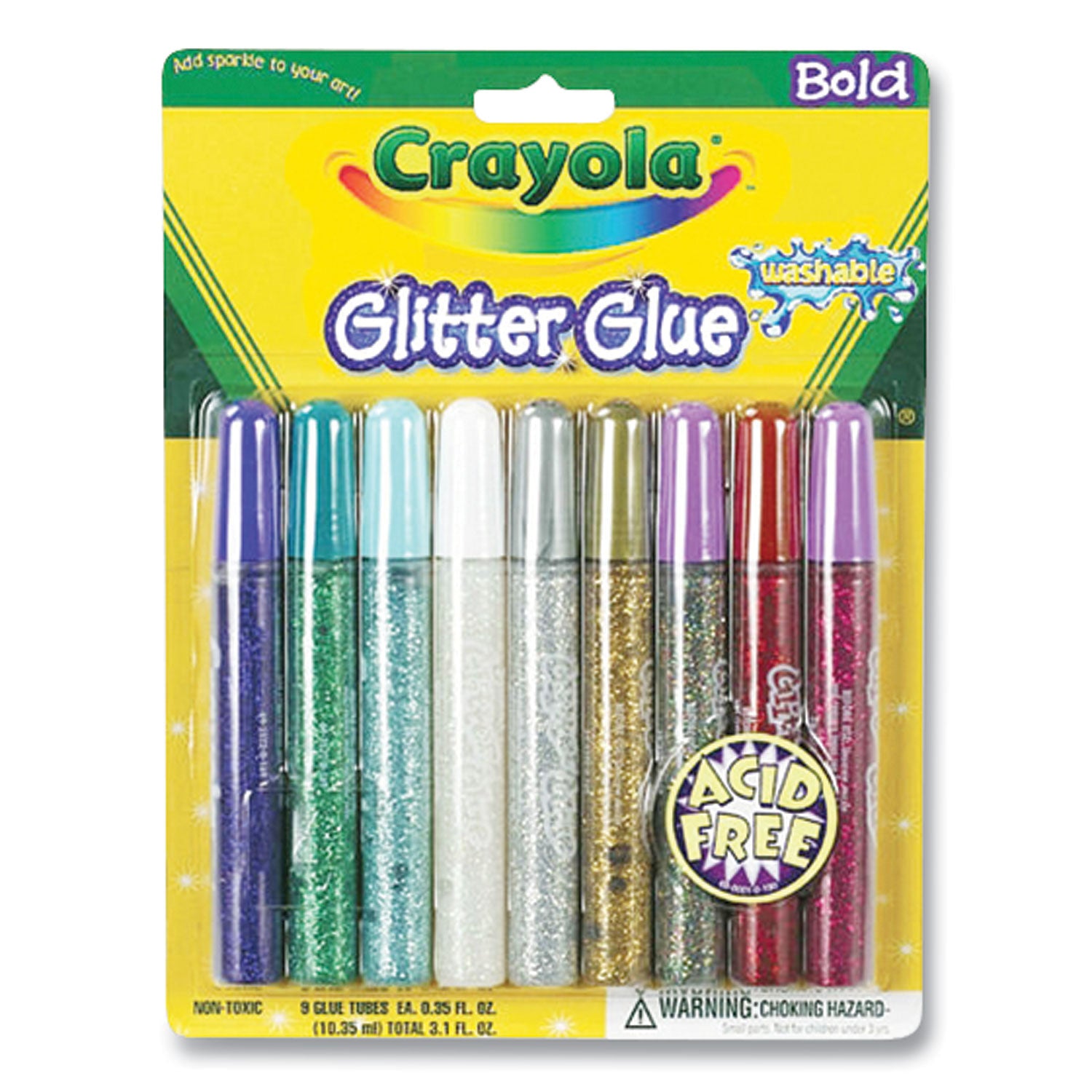 Washable Glitter Glue, 0.35 oz, Assorted Colors, 9/Pack - 