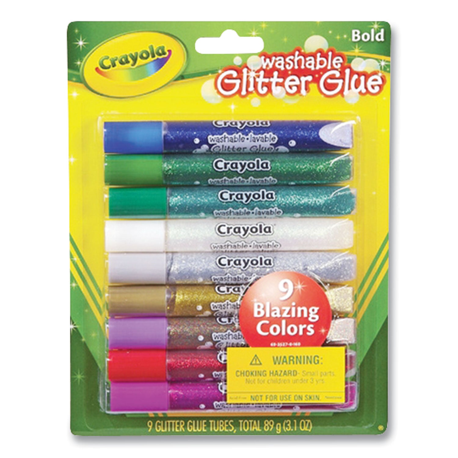 Washable Glitter Glue, 0.35 oz, Assorted Colors, 9/Pack - 
