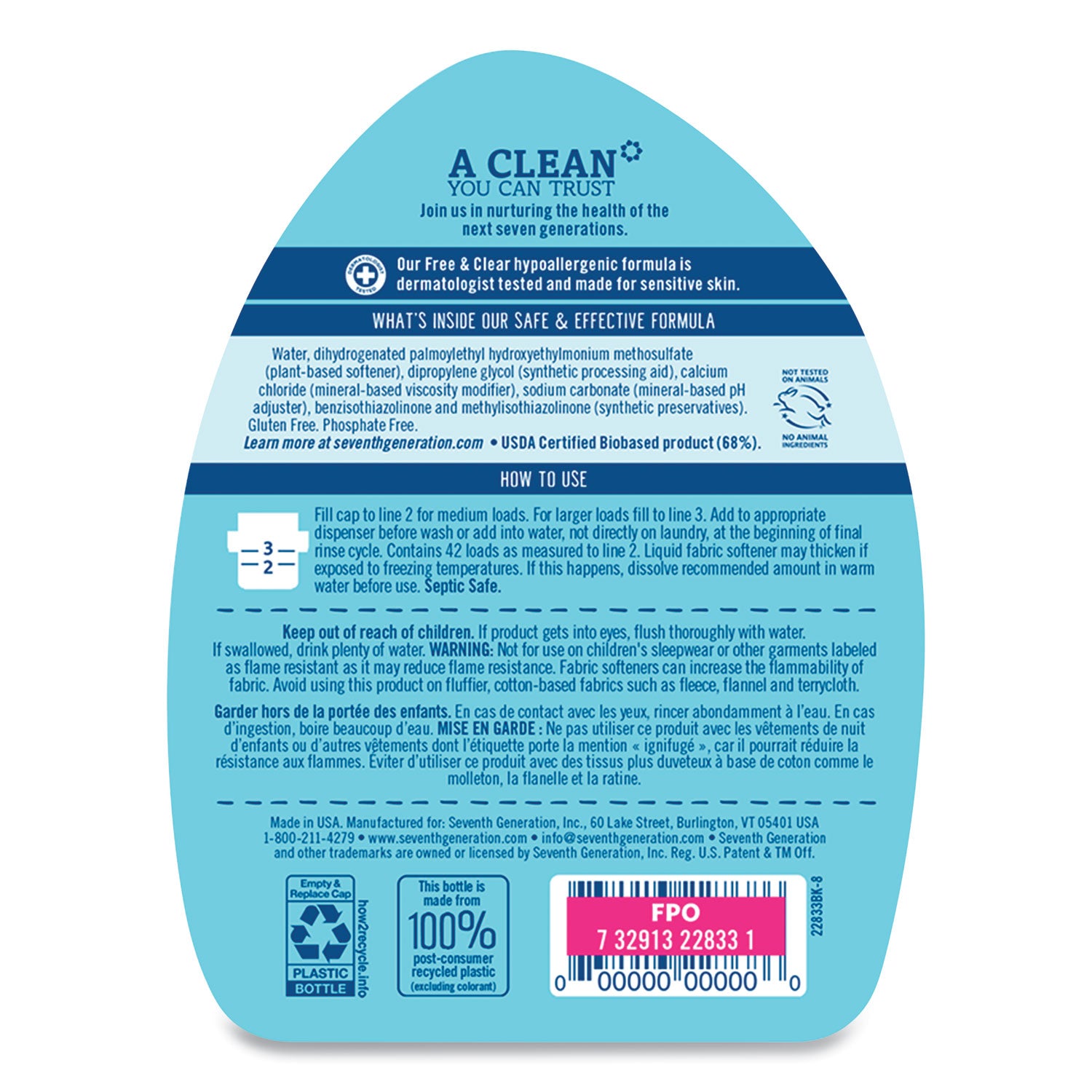 Natural Liquid Fabric Softener, Free and Clear, 42 Loads, 32 oz Bottle, 6/Carton