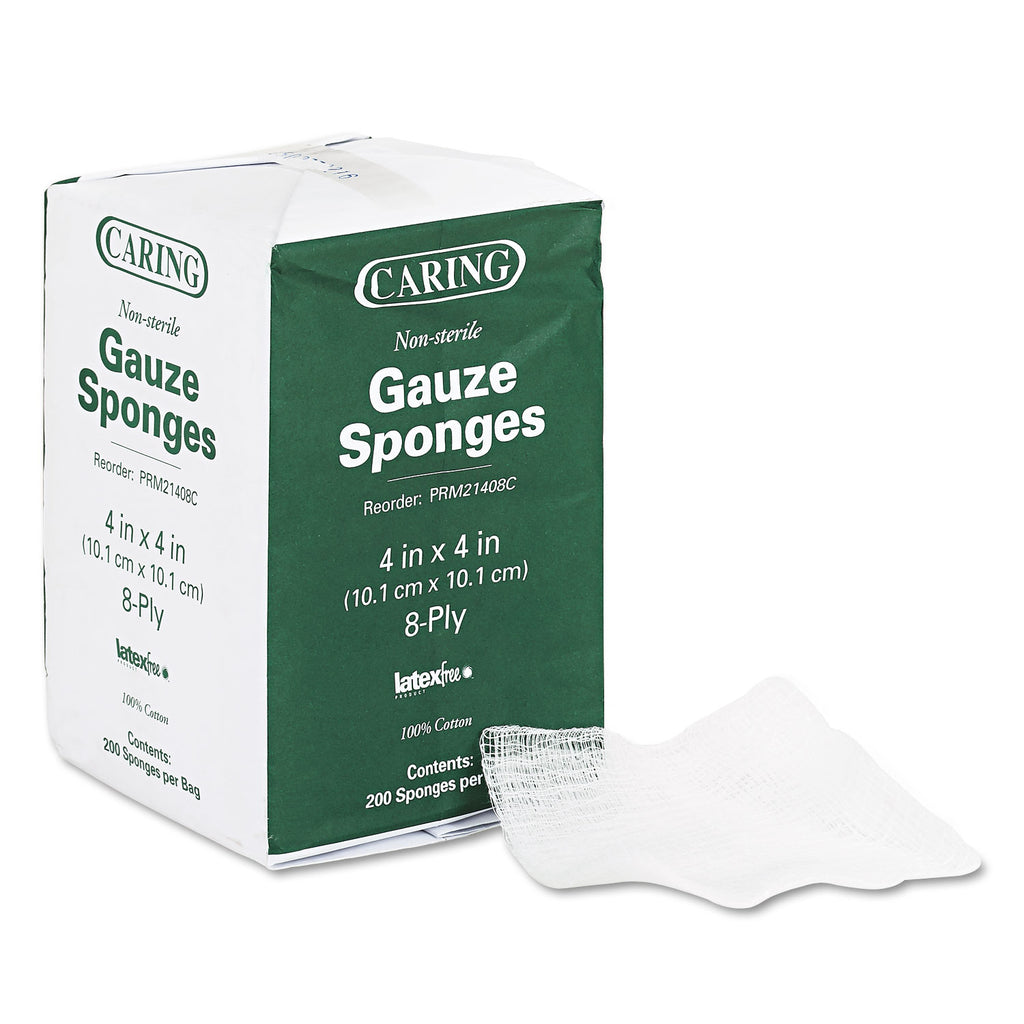 Caring Woven Gauze Sponges, Non-Sterile, 8-Ply, 4 x 4, 200/Pack - 
