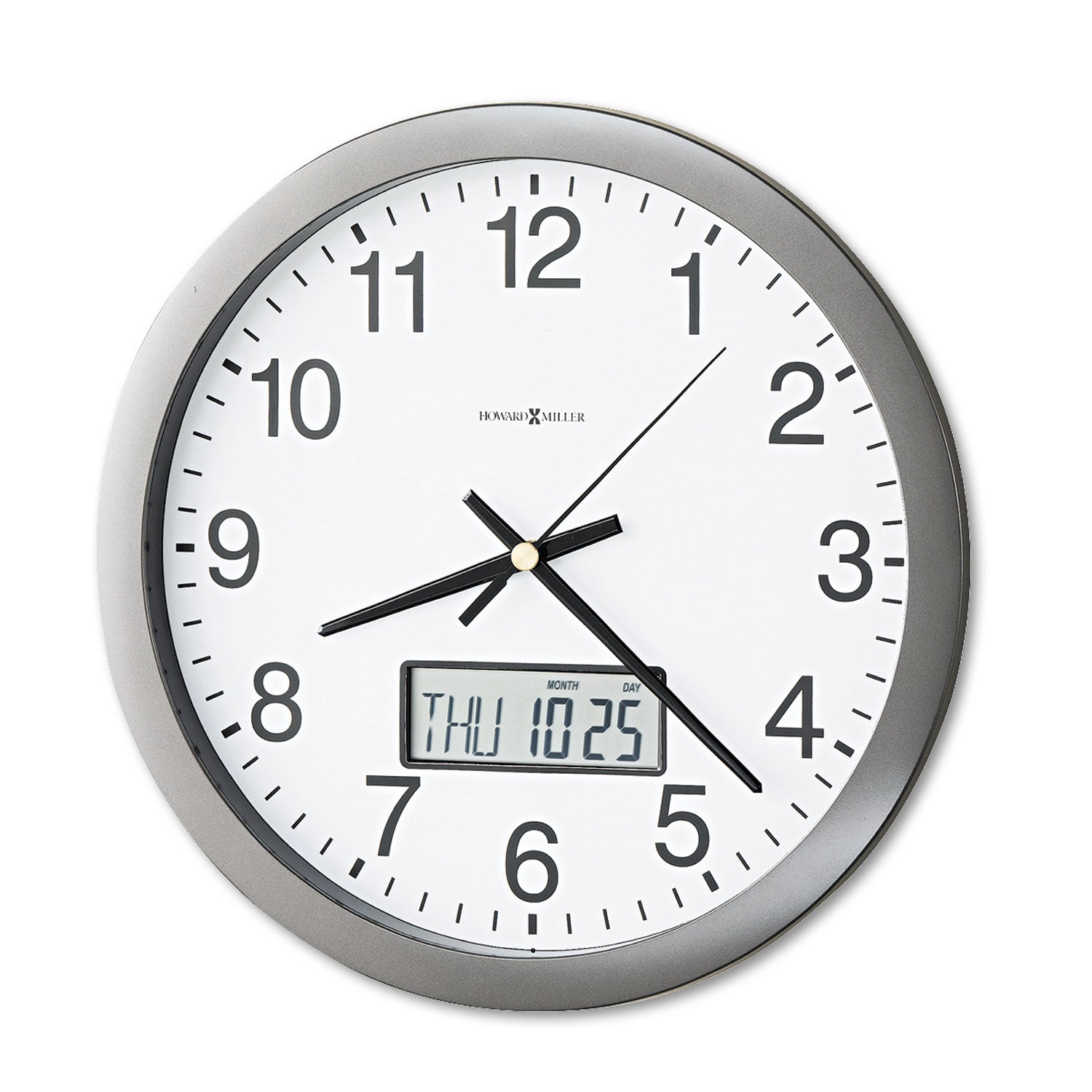 Chronicle Wall Clock with LCD Inset, 14" Overall Diameter, Gray Case, 2 AA (sold separately) - 