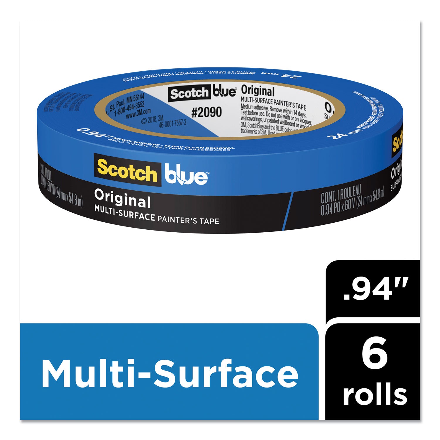 Original Multi-Surface Painter's Tape, 3" Core, 0.94" x 60 yds, Blue, 6/Pack