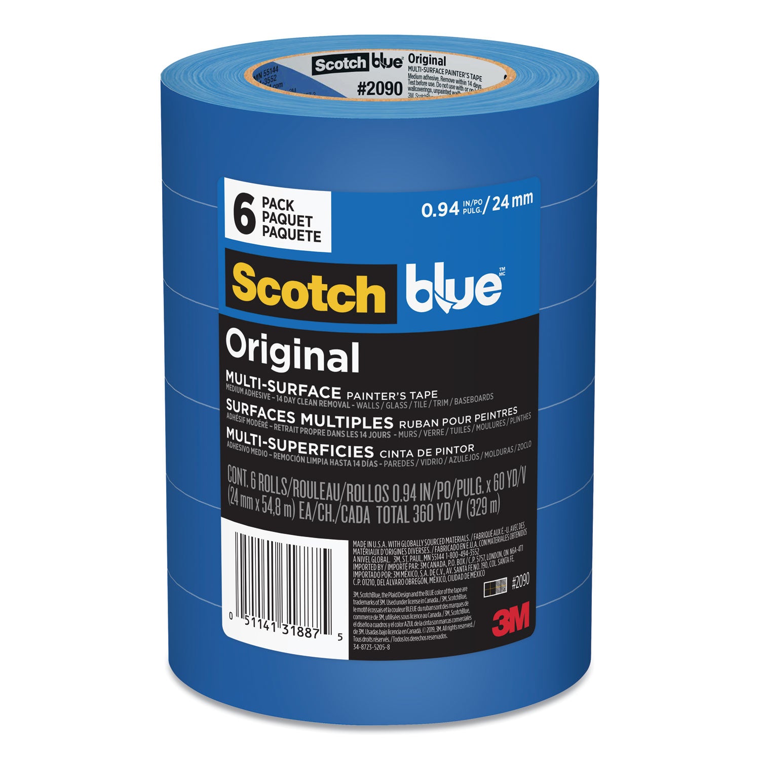 Original Multi-Surface Painter's Tape, 3" Core, 0.94" x 60 yds, Blue, 6/Pack - 
